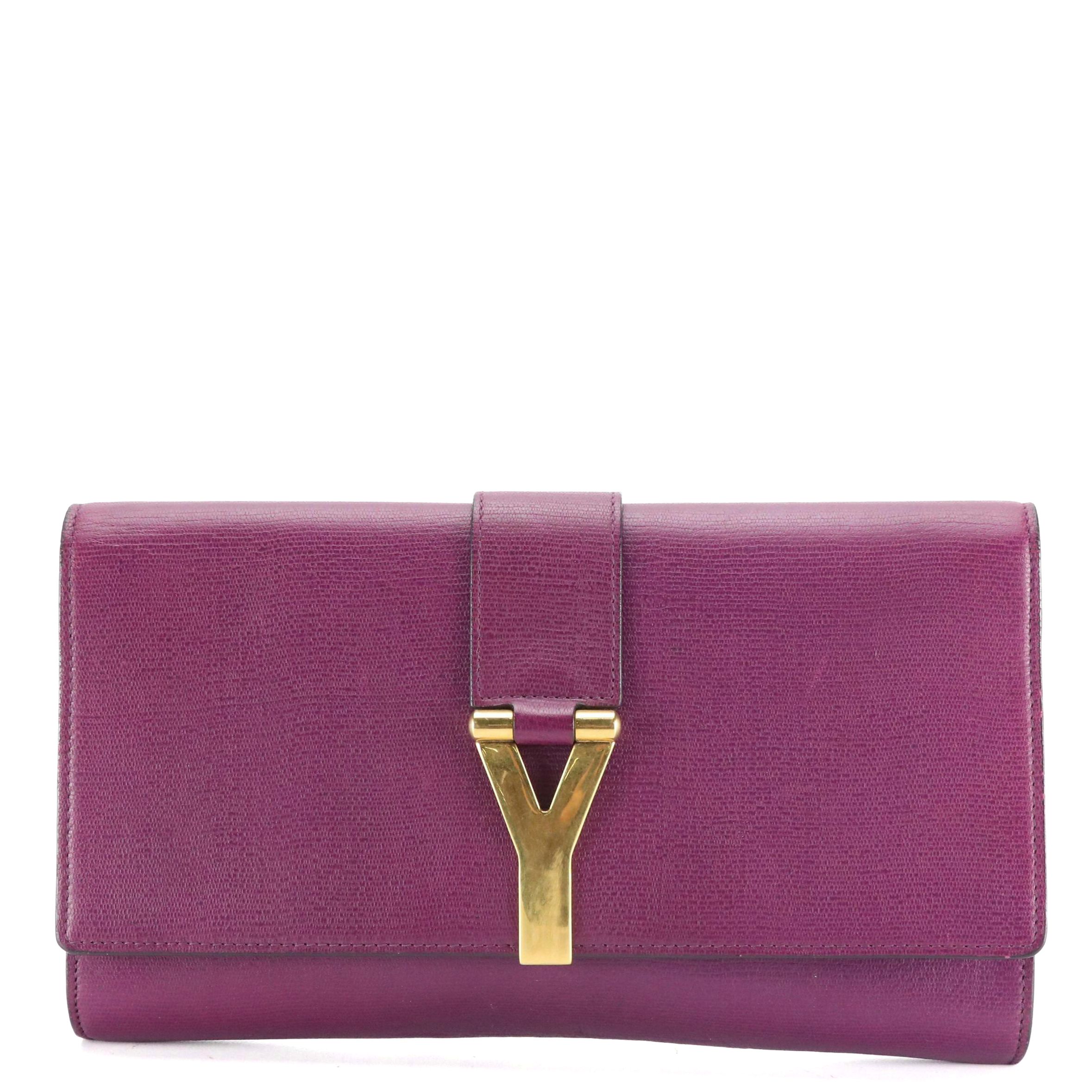 Yves Saint Laurent Y Ligne Flap Clutch in Textured Violet Calfskin Leather