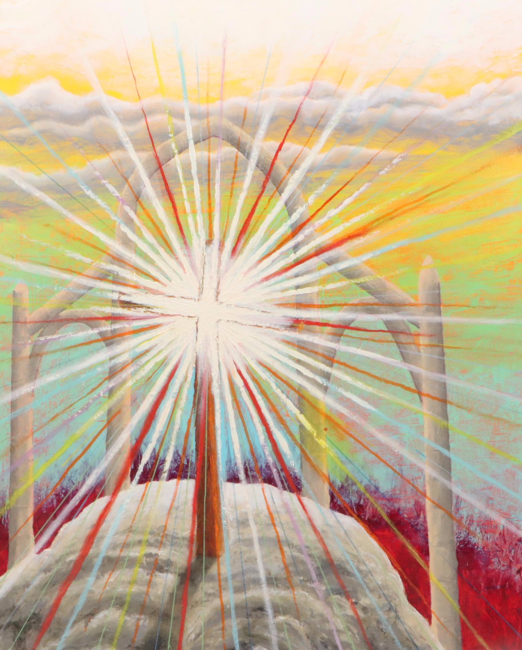 Howard Storm Acrylic Painting of Illuminated Cross, Late 20th Century