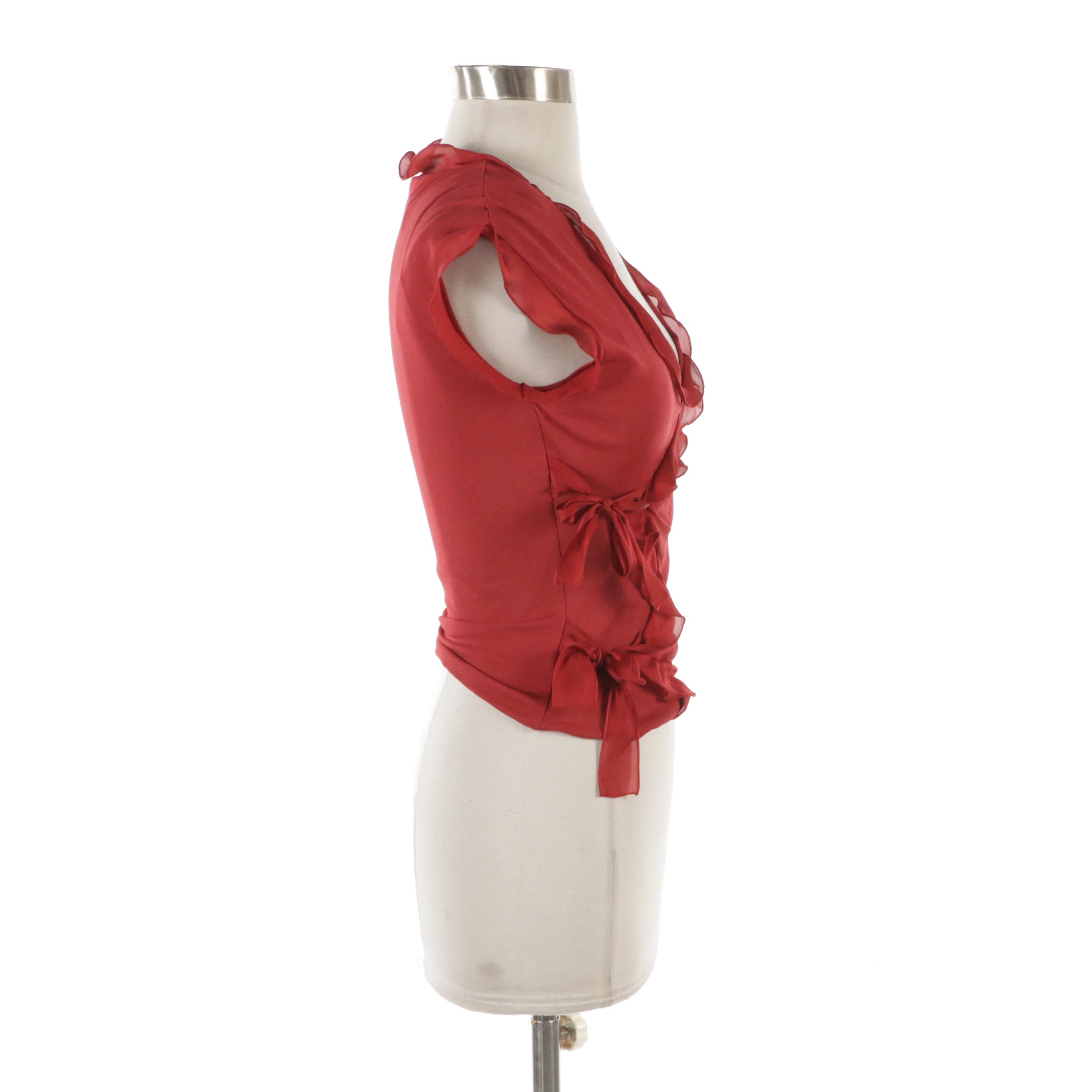 Yves Saint Laurent Red Ruffled Top with Tie Straps on Side