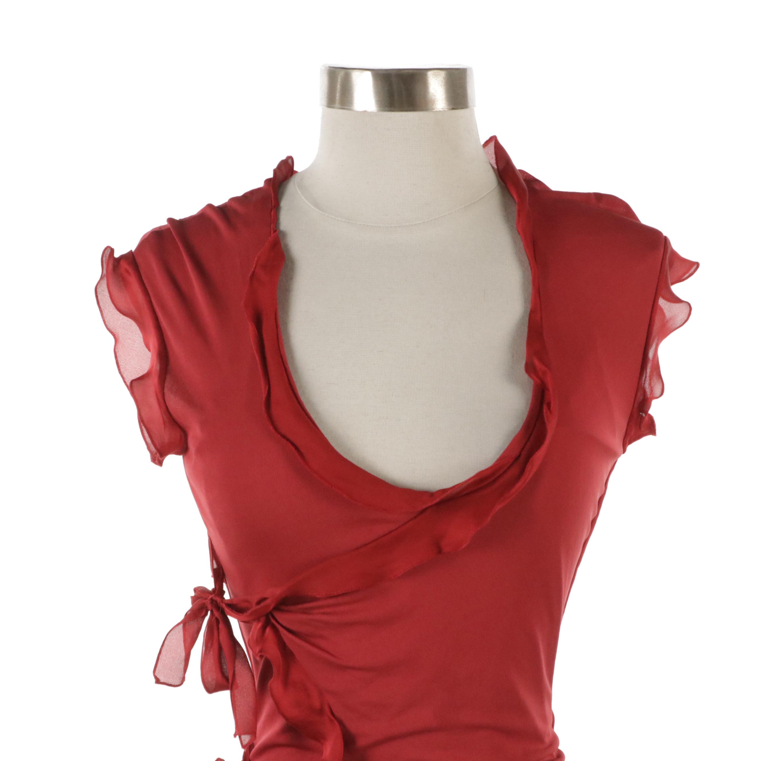 Yves Saint Laurent Red Ruffled Top with Tie Straps on Side