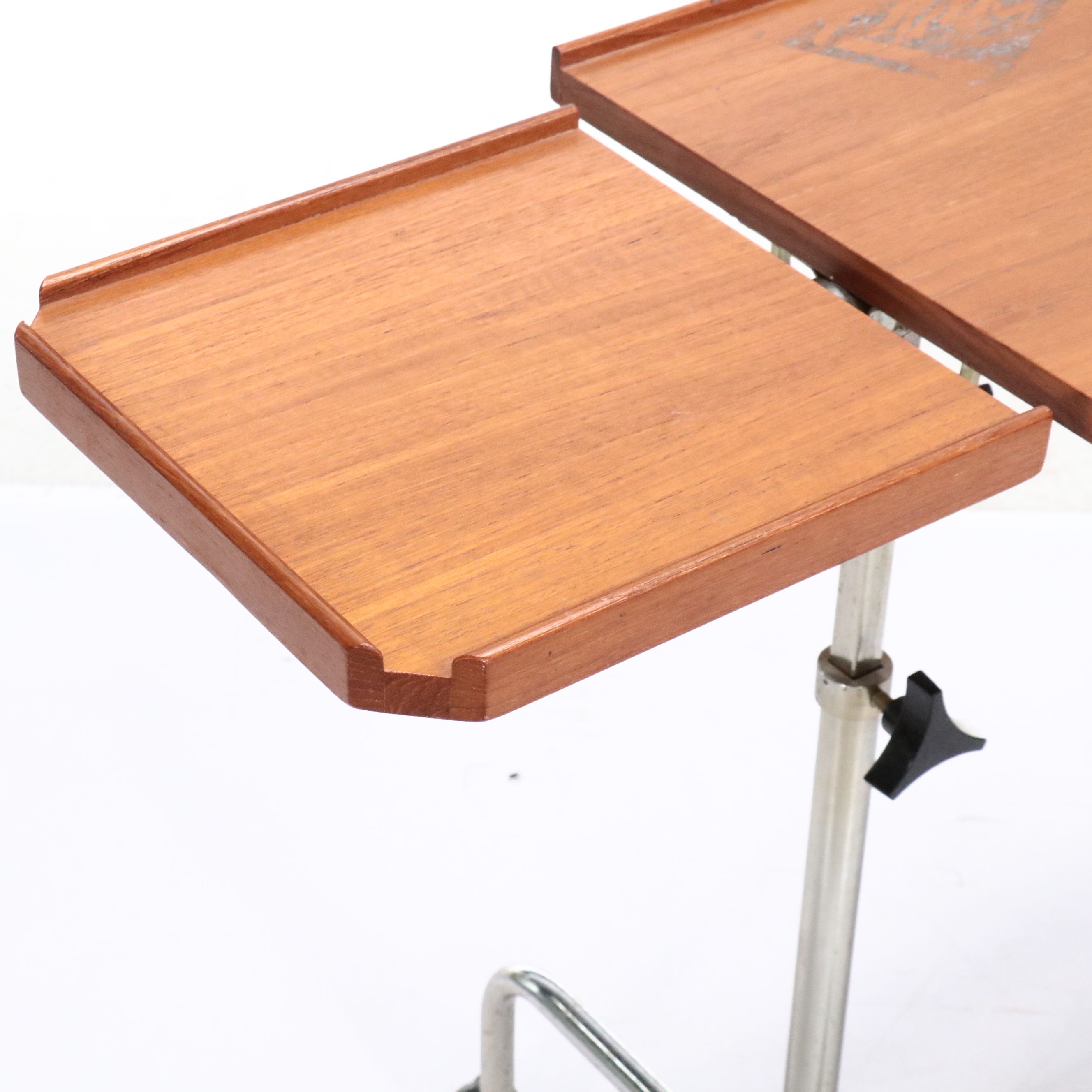 Danecastle ApS Scandinavian Teak and Chrome Bedside Tray Table on Casters