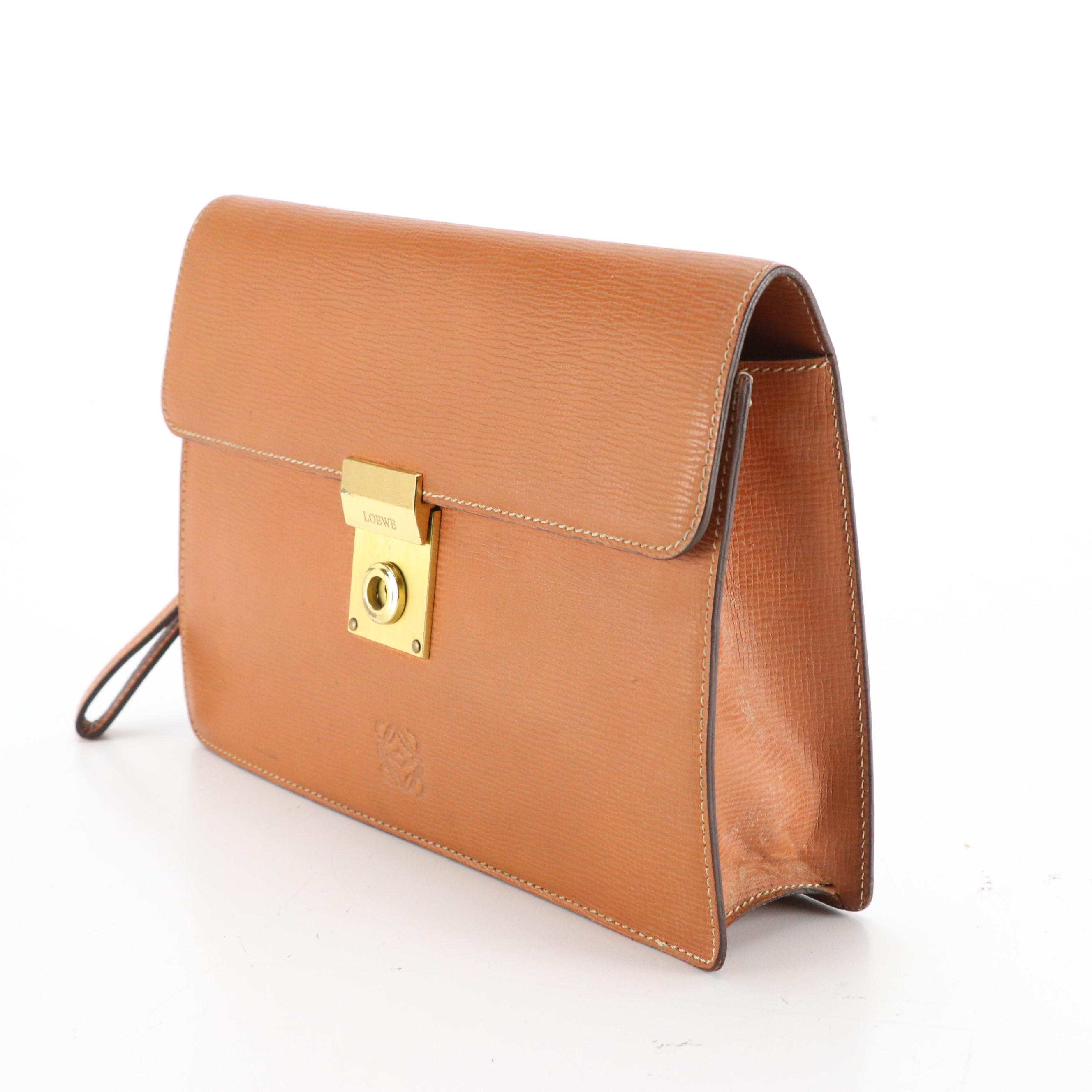 Loewe Foldover Wristlet Clutch in Brown Textured Leather