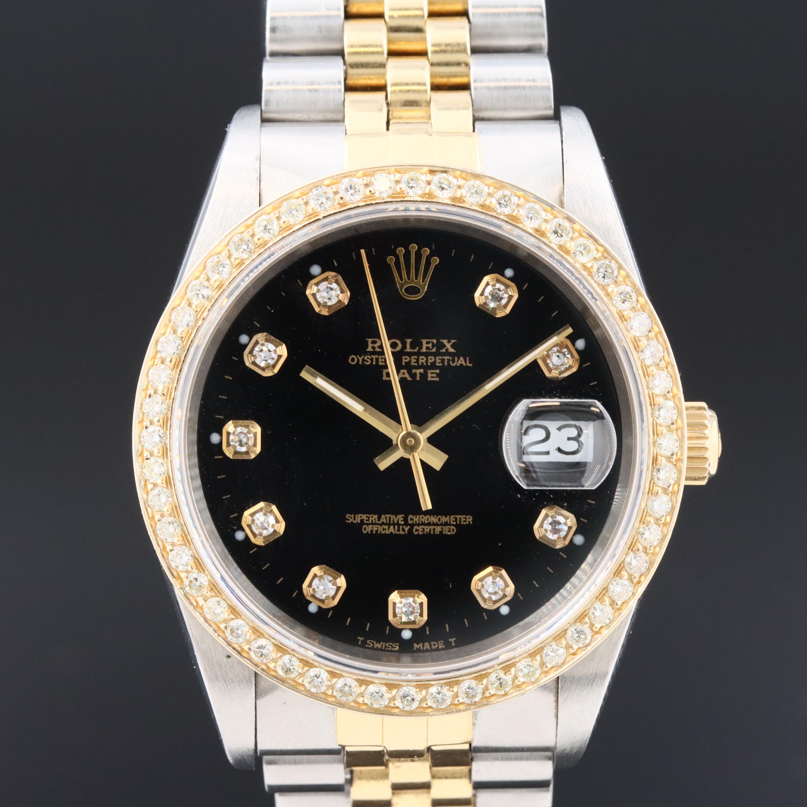 1990 Rolex Oyster Perpetual Custom Diamond Dial & Bezel Date Watch