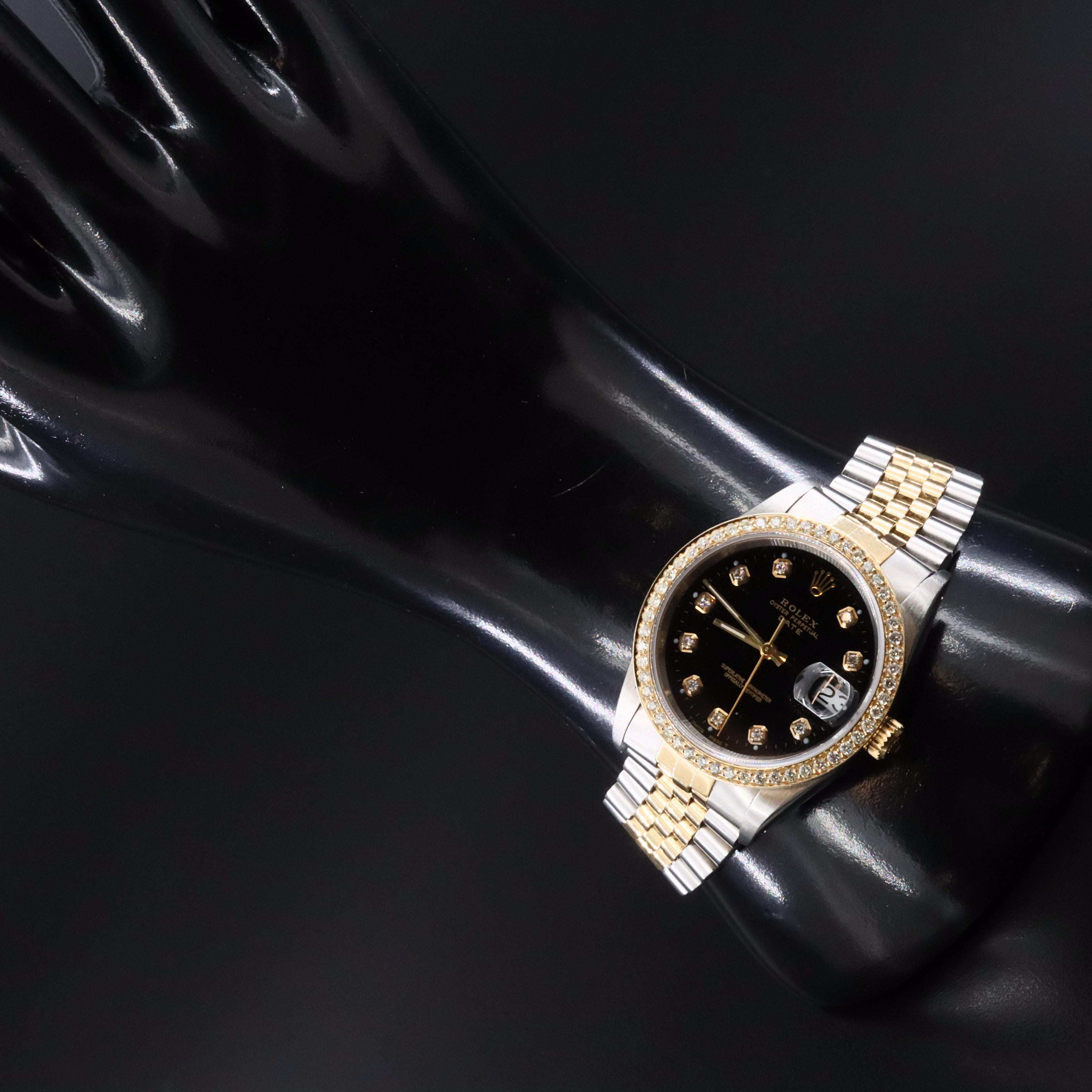 1990 Rolex Oyster Perpetual Custom Diamond Dial & Bezel Date Watch