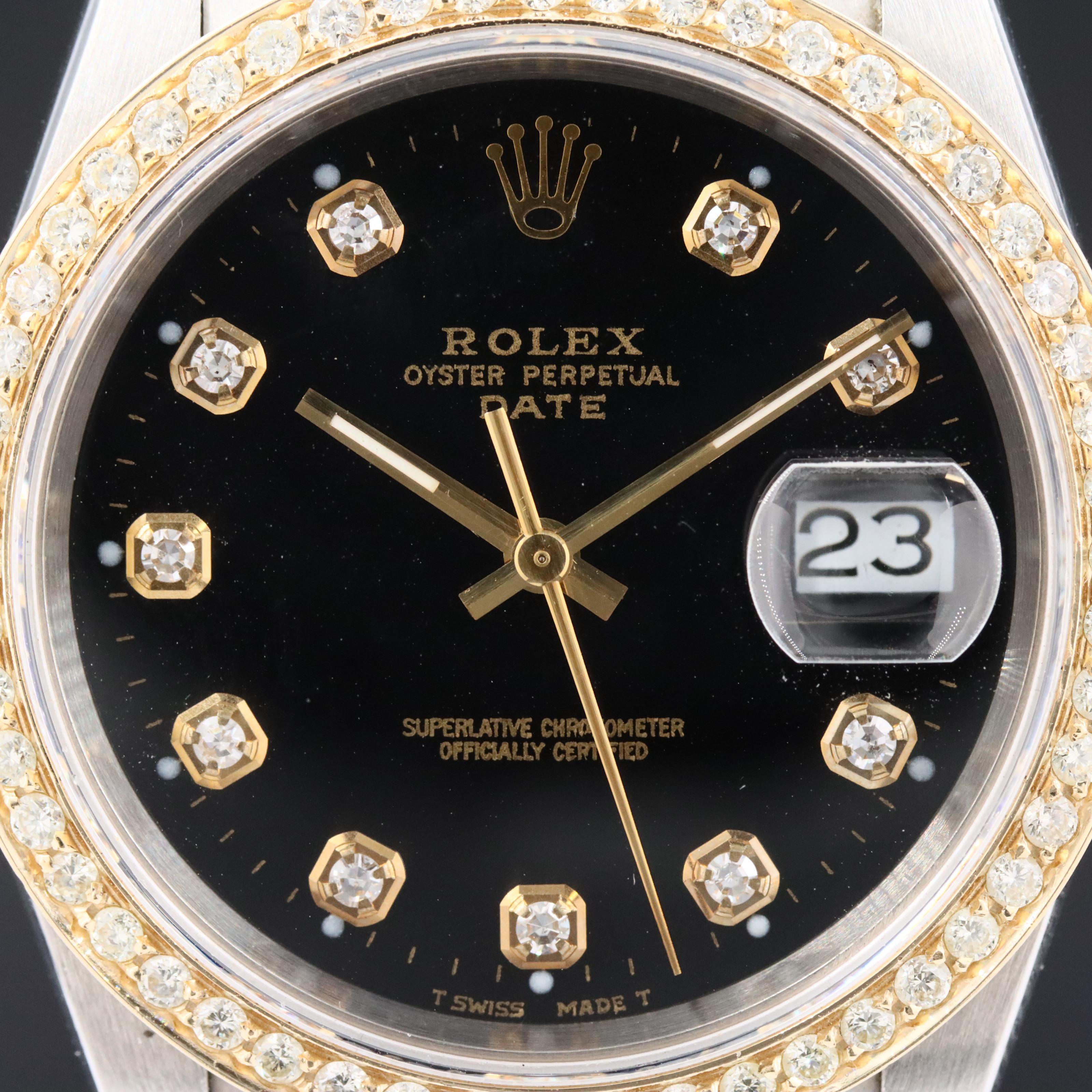 1990 Rolex Oyster Perpetual Custom Diamond Dial & Bezel Date Watch