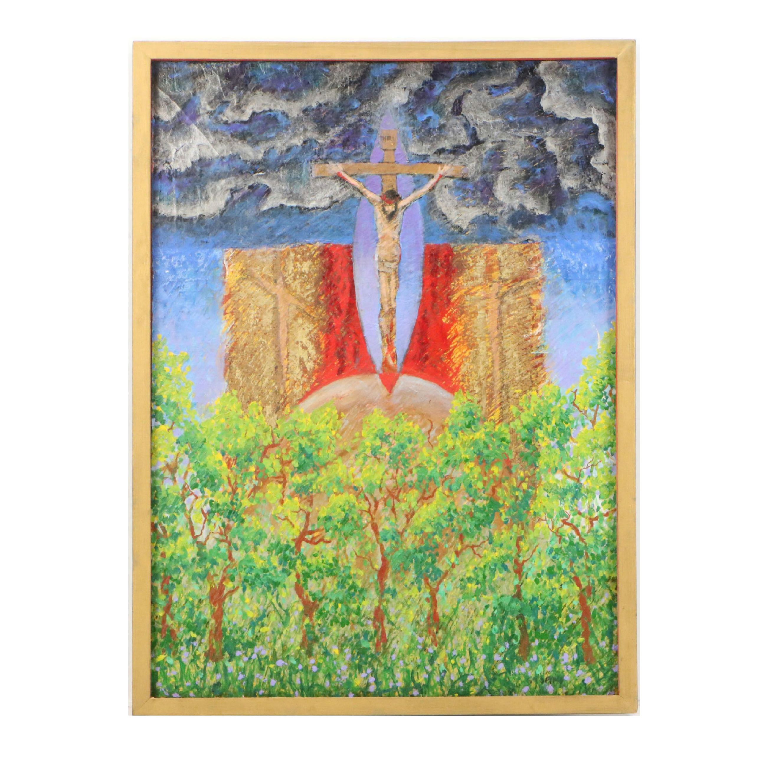 Howard Storm Acrylic Painting of Crucifixion Scene, Late 20th Century