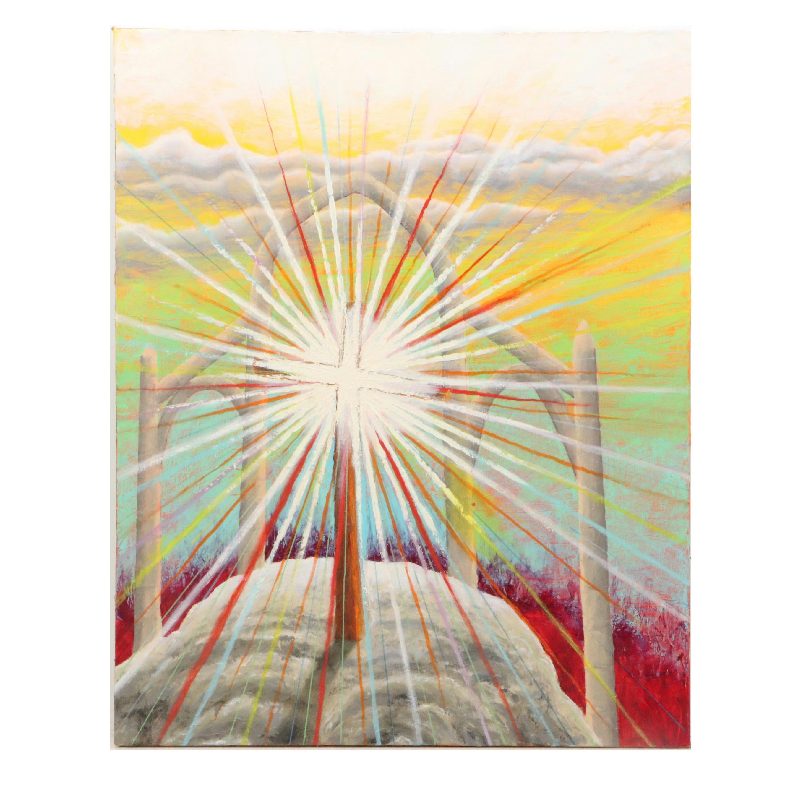 Howard Storm Acrylic Painting of Illuminated Cross, Late 20th Century