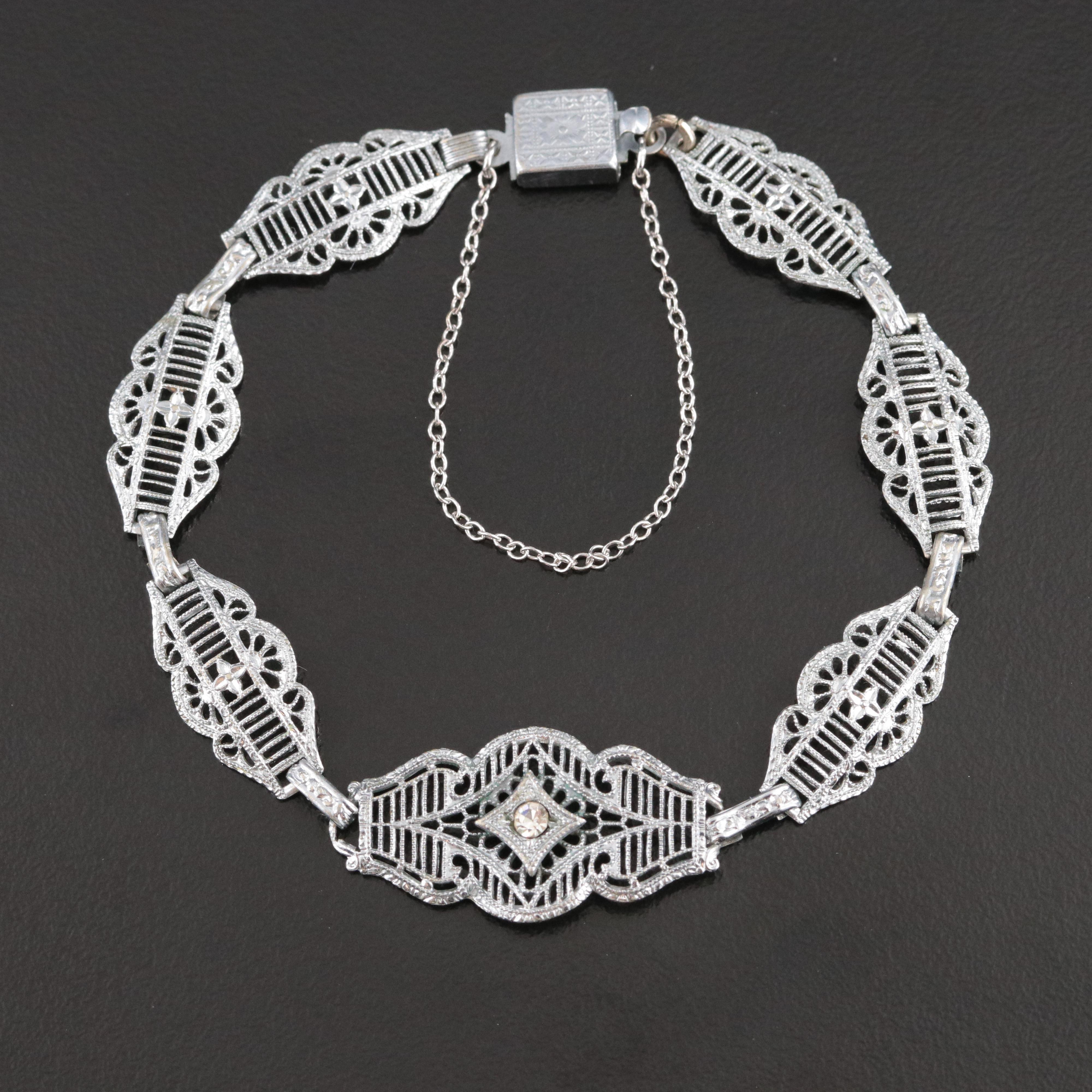 Art Deco Plainville Stock Co. Filigree Bracelet with Glass Paste Accent