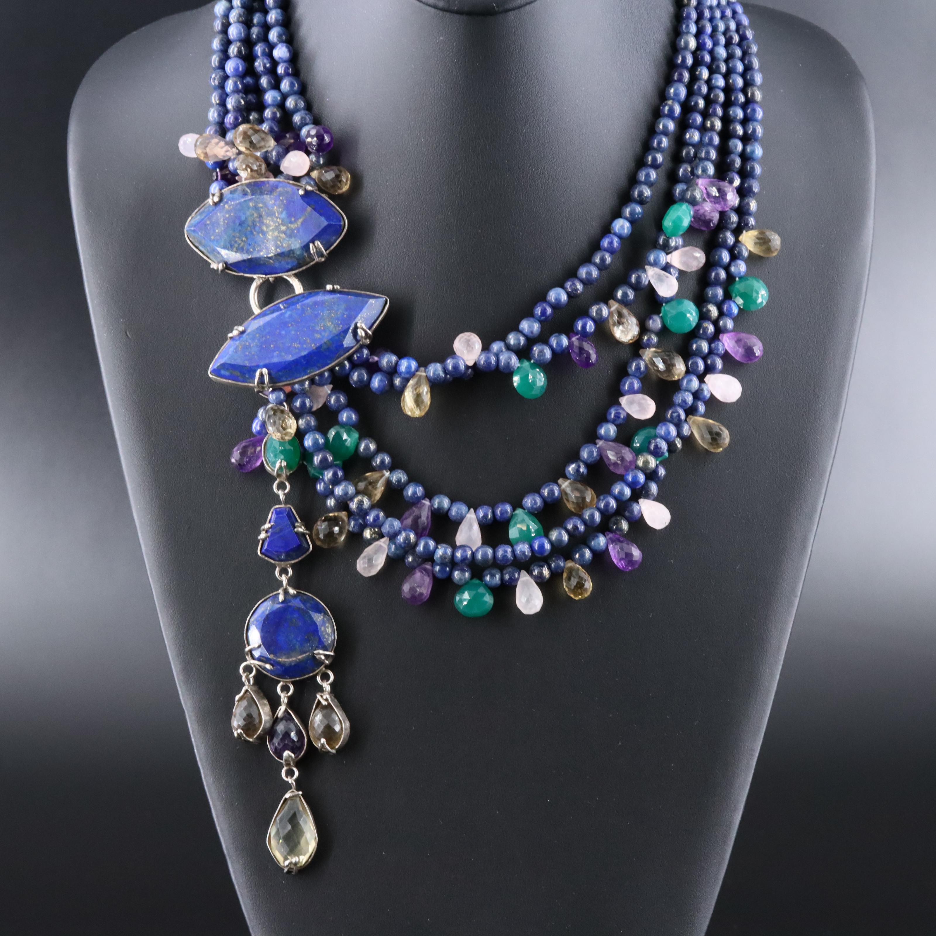 Sterling Lapis Lazuli and Gemstone Asymmetrical Necklace