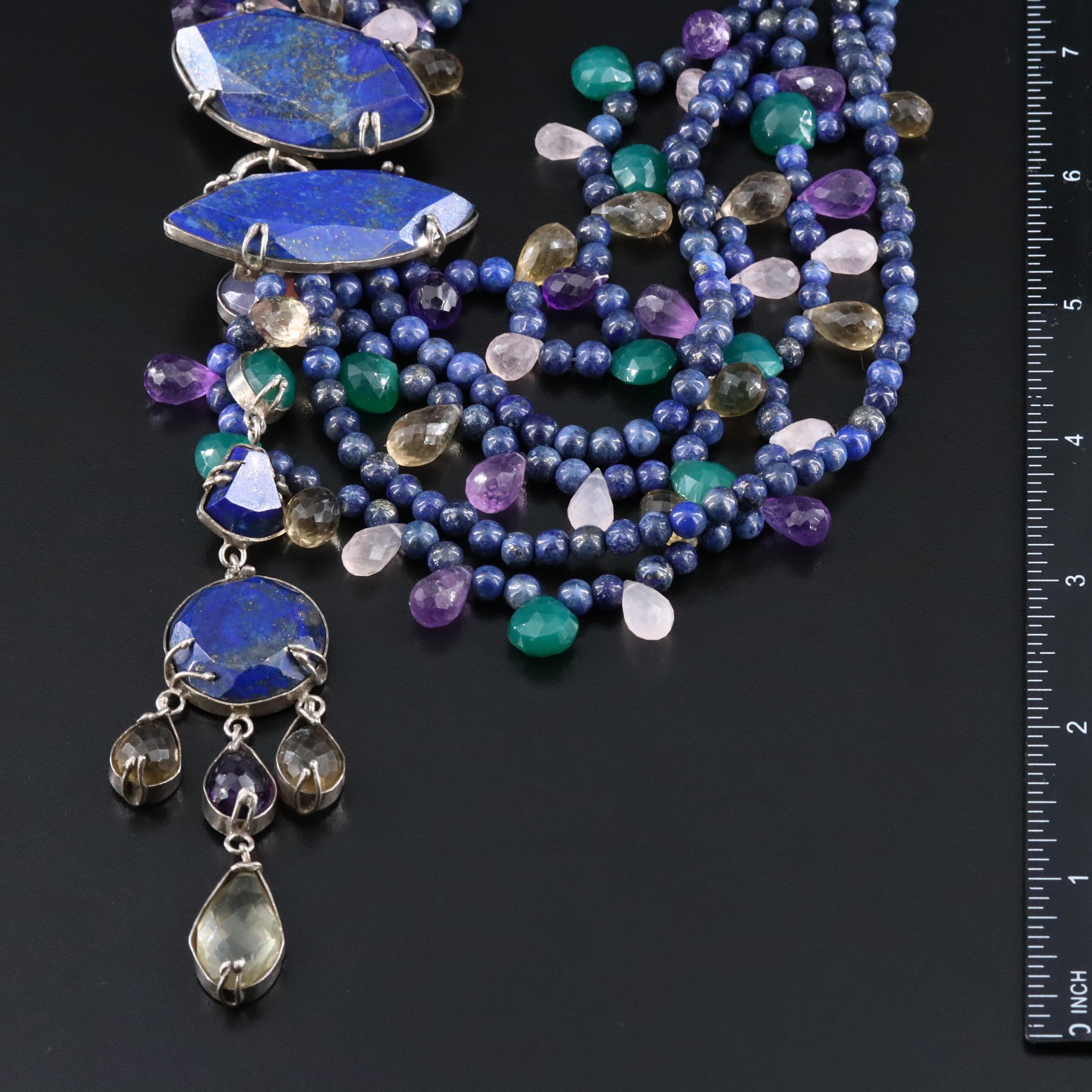 Sterling Lapis Lazuli and Gemstone Asymmetrical Necklace