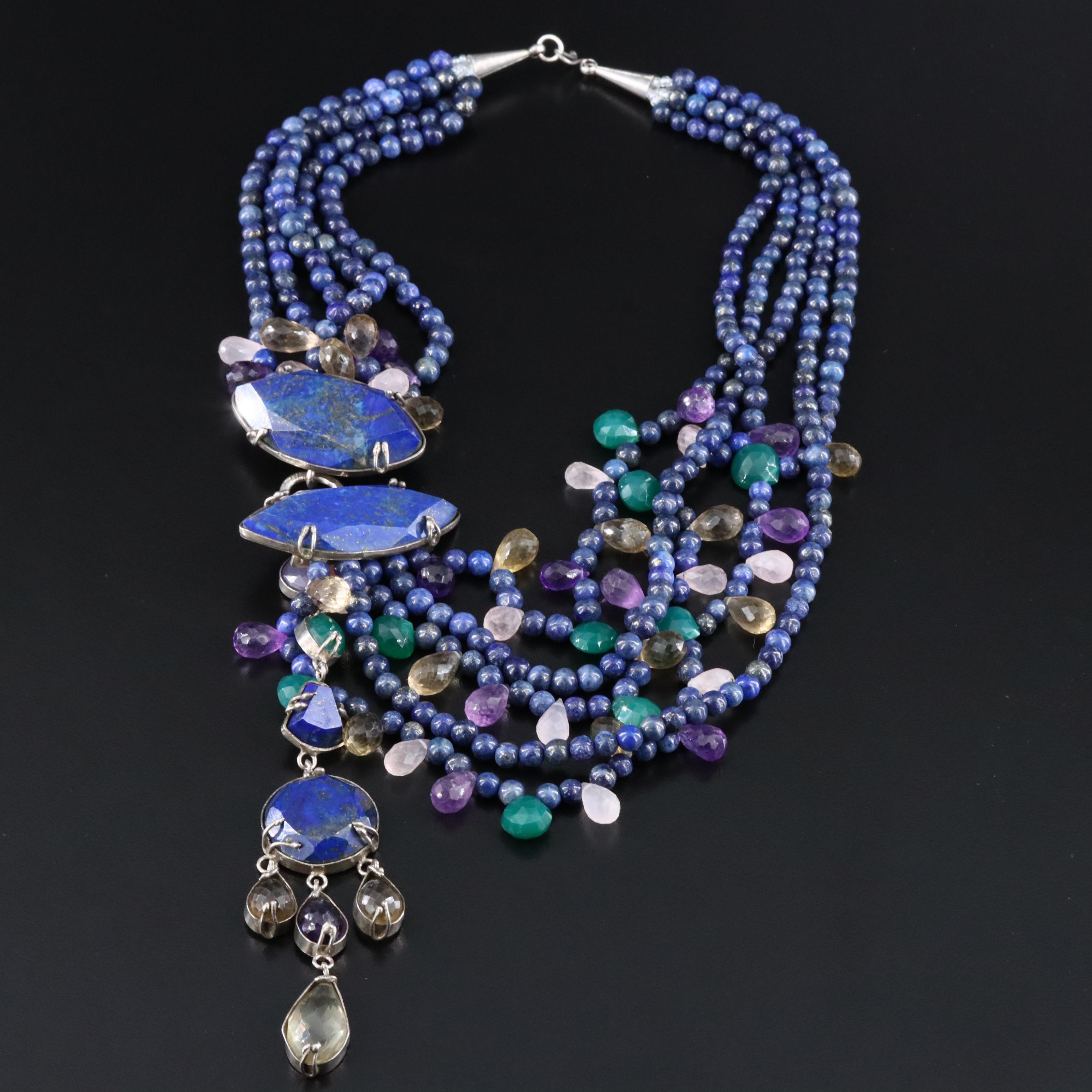 Sterling Lapis Lazuli and Gemstone Asymmetrical Necklace