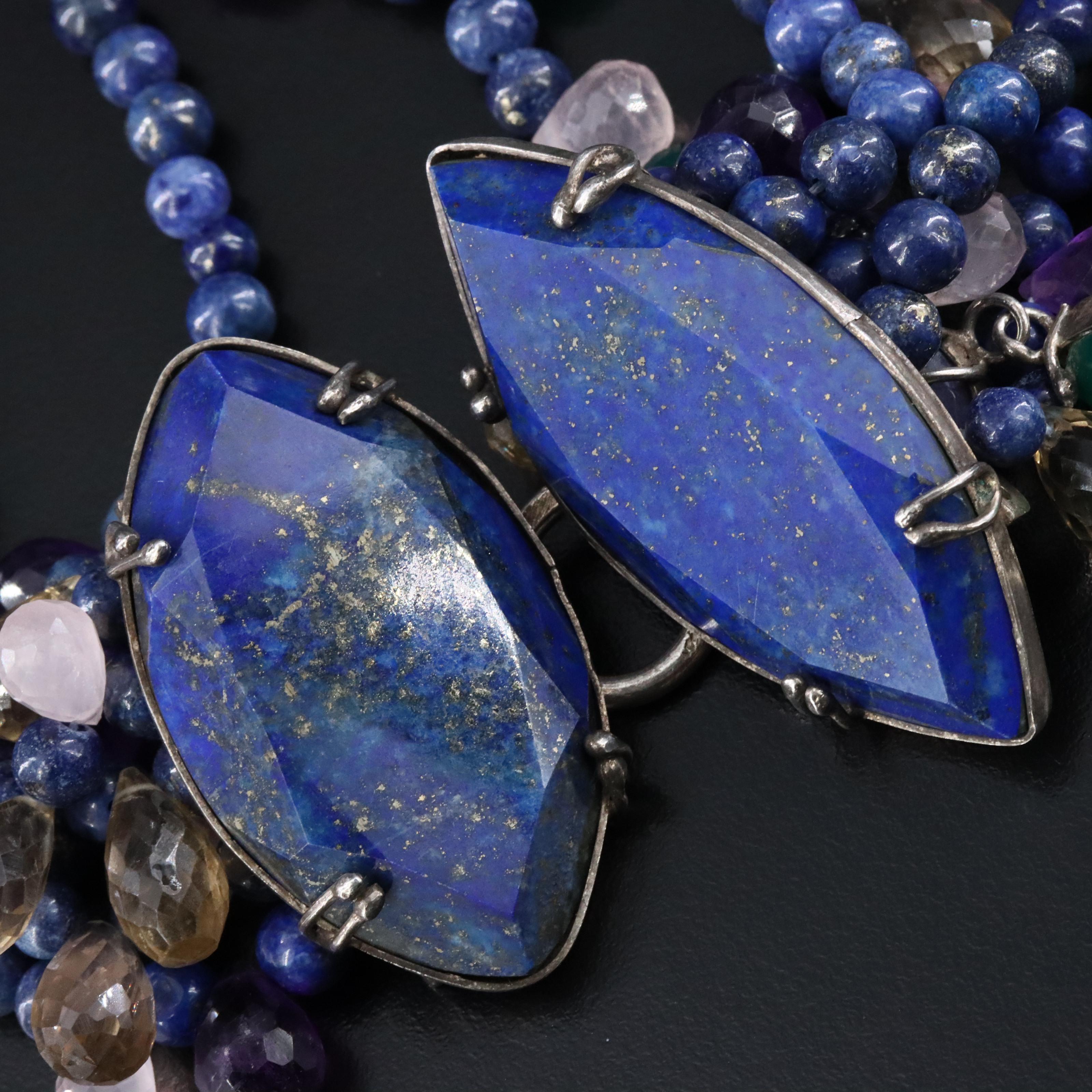 Sterling Lapis Lazuli and Gemstone Asymmetrical Necklace