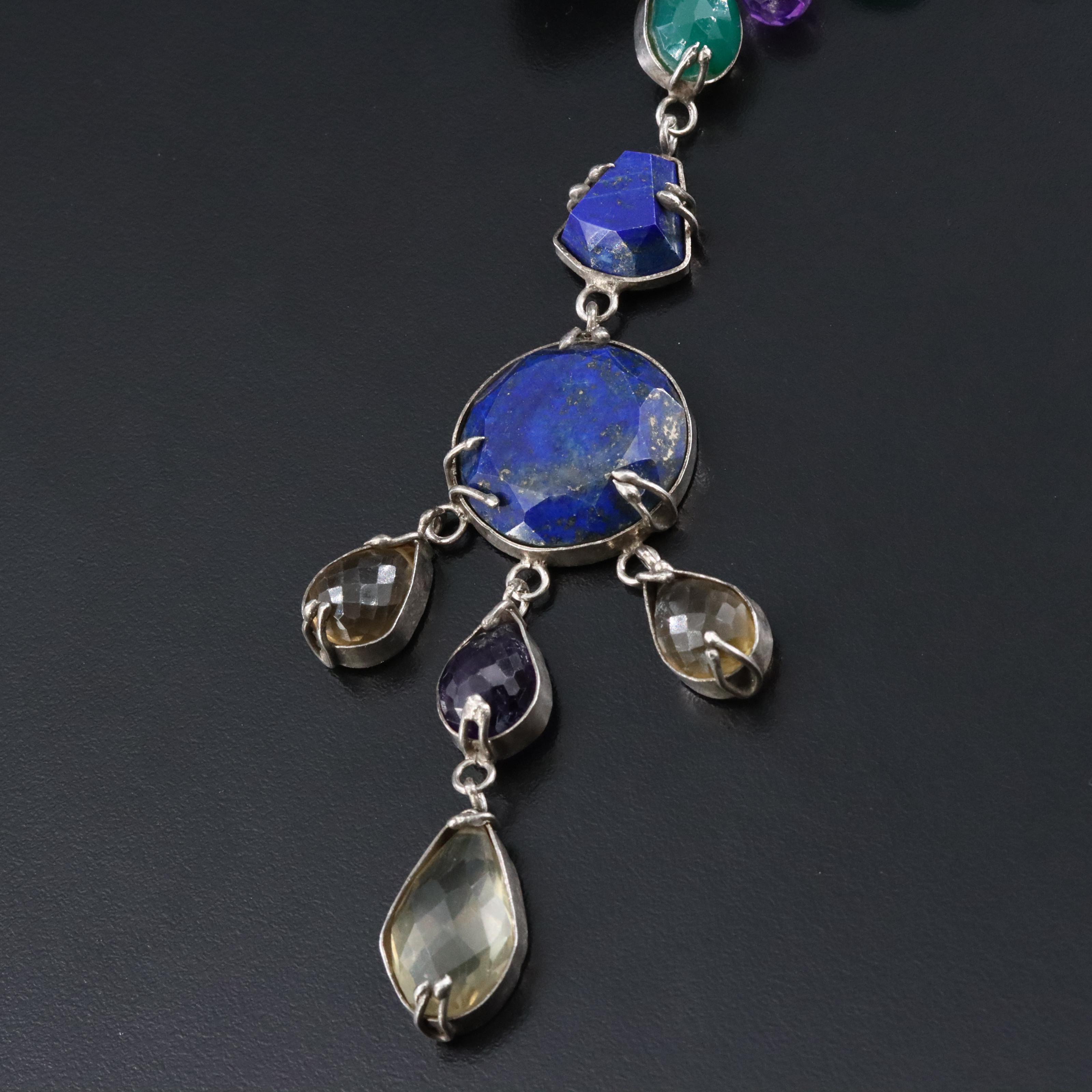 Sterling Lapis Lazuli and Gemstone Asymmetrical Necklace