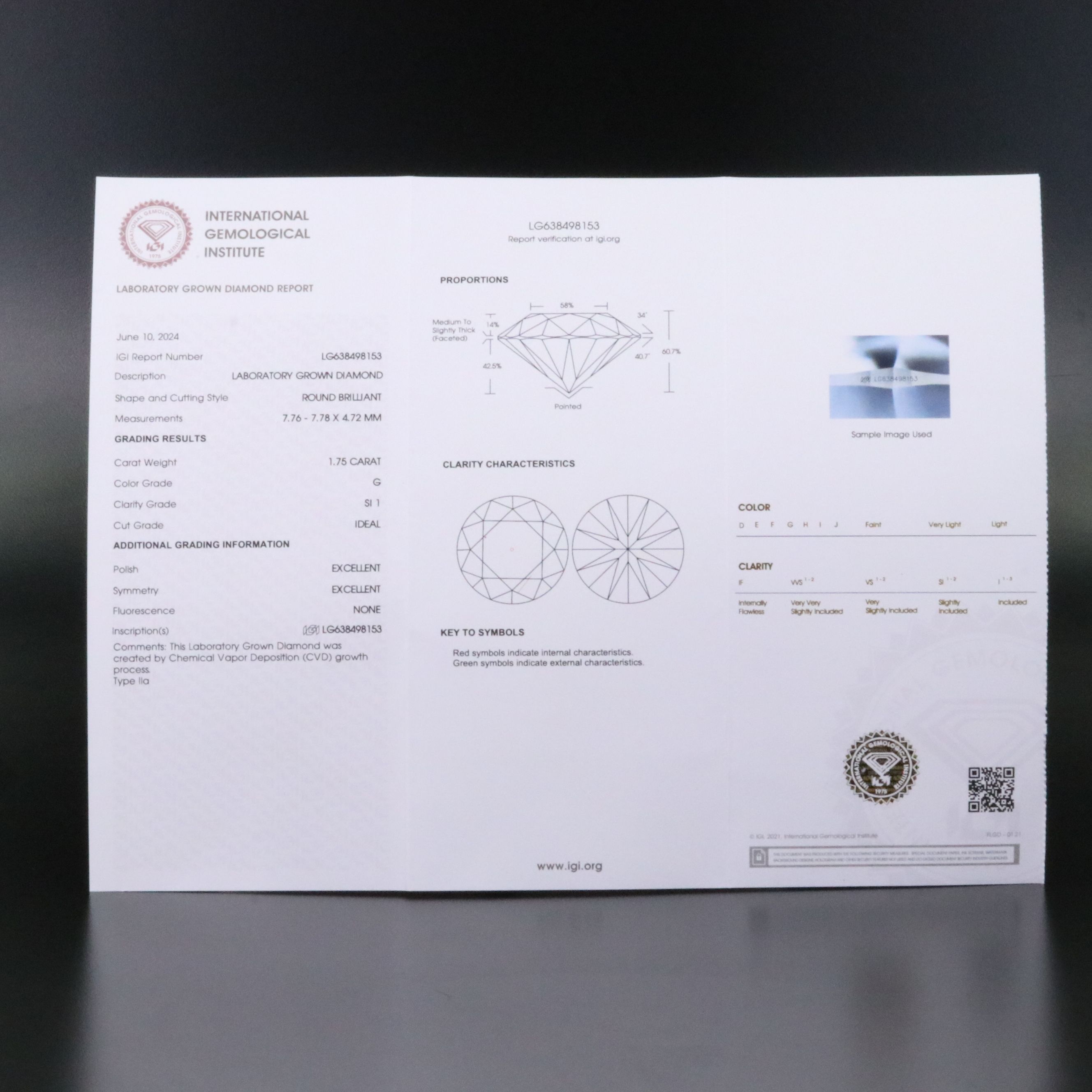 Loose 1.75 CT Lab Grown Diamond with IGI Report