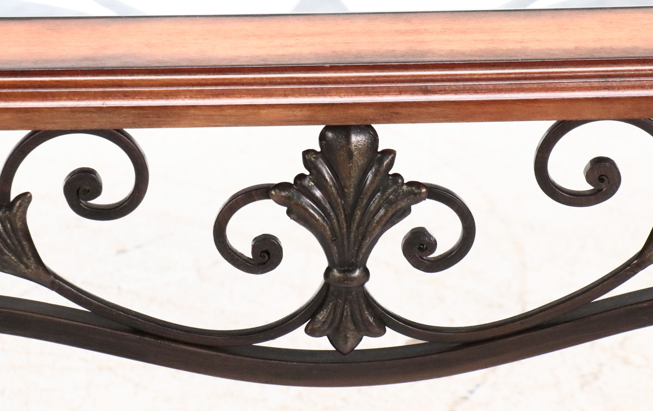 Ornate Wrought Iron Console Table with Wood Framed Glass Top, 21st C