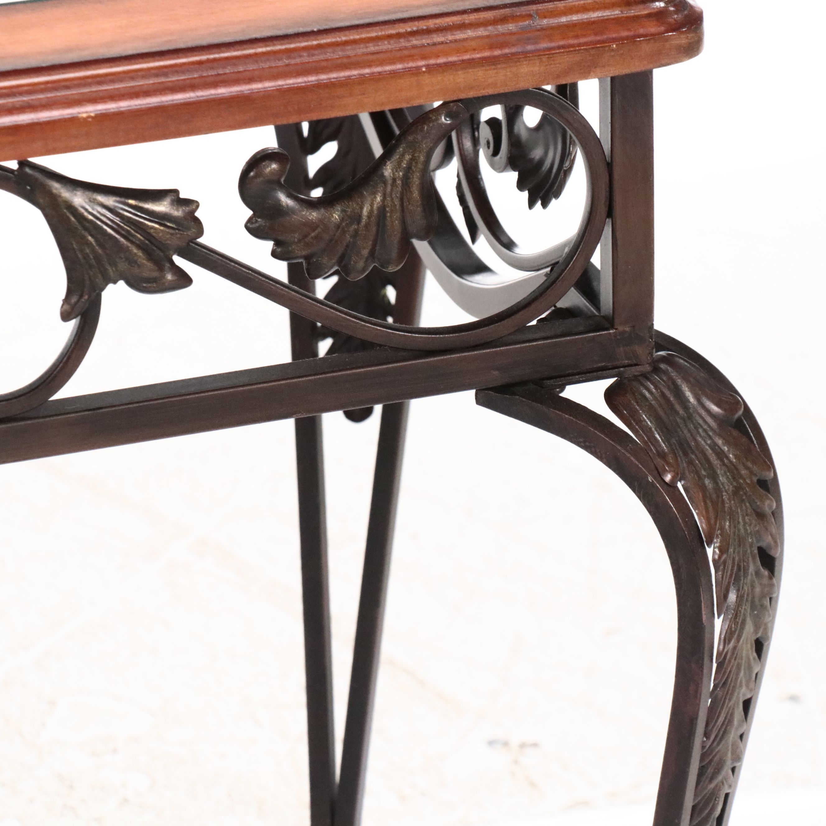 Ornate Wrought Iron Console Table with Wood Framed Glass Top, 21st C