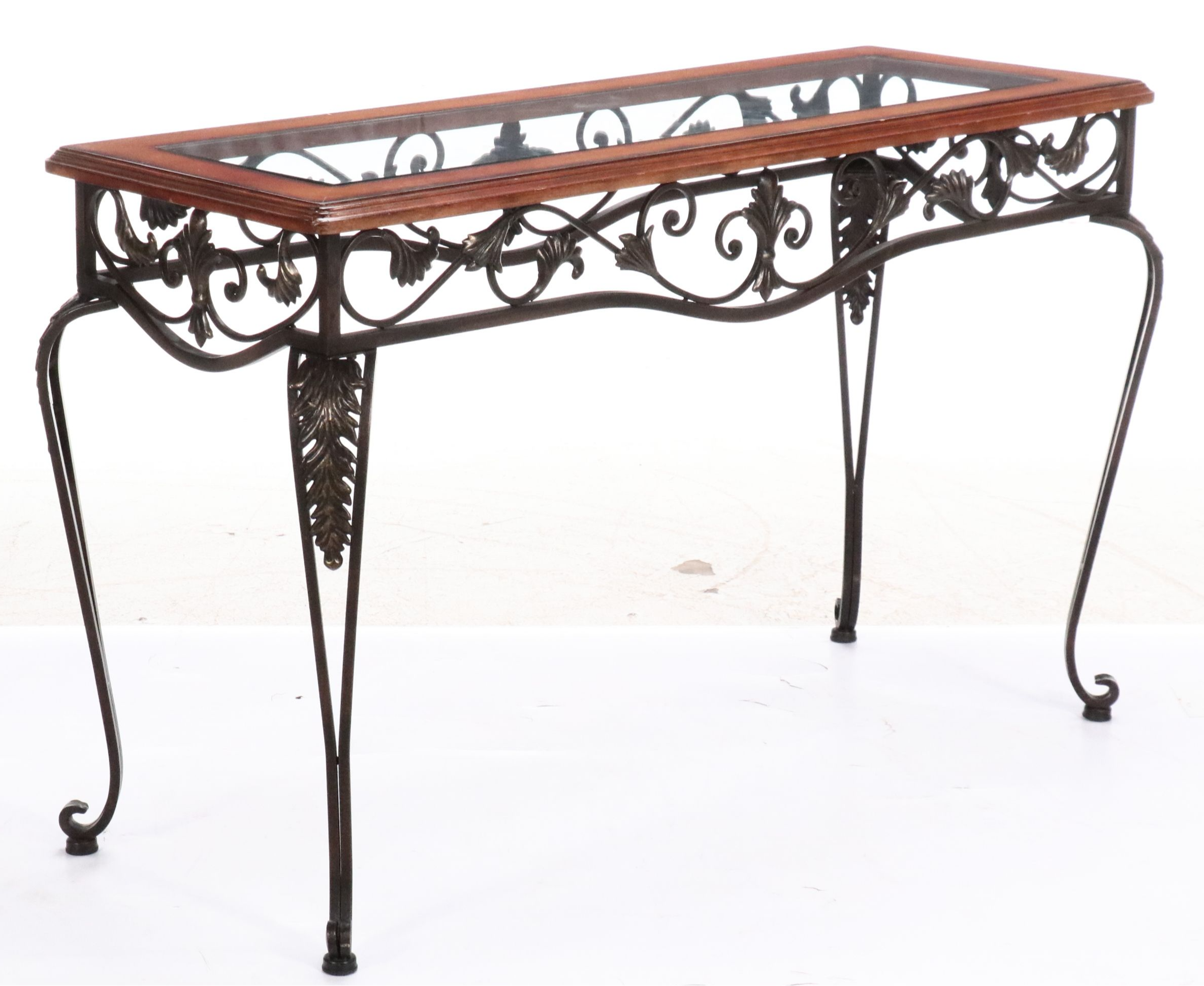 Ornate Wrought Iron Console Table with Wood Framed Glass Top, 21st C