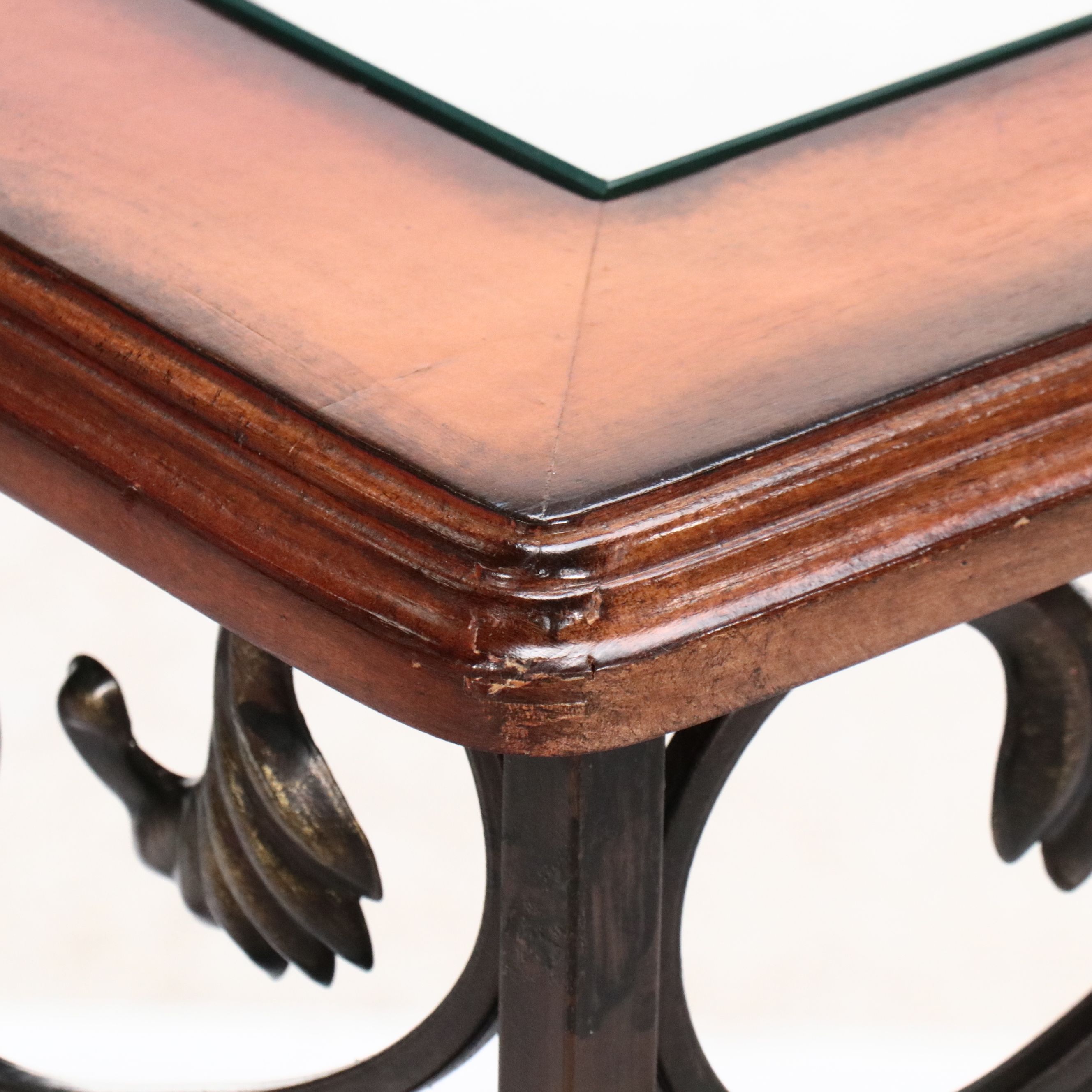 Ornate Wrought Iron Console Table with Wood Framed Glass Top, 21st C