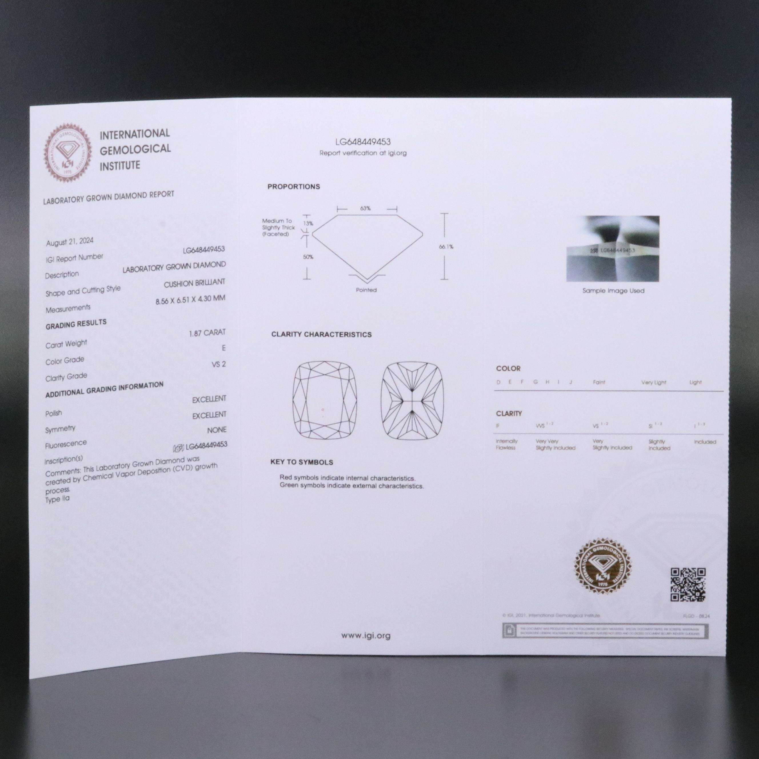 Loose 1.87 CT Lab Grown Diamond with IGI Report