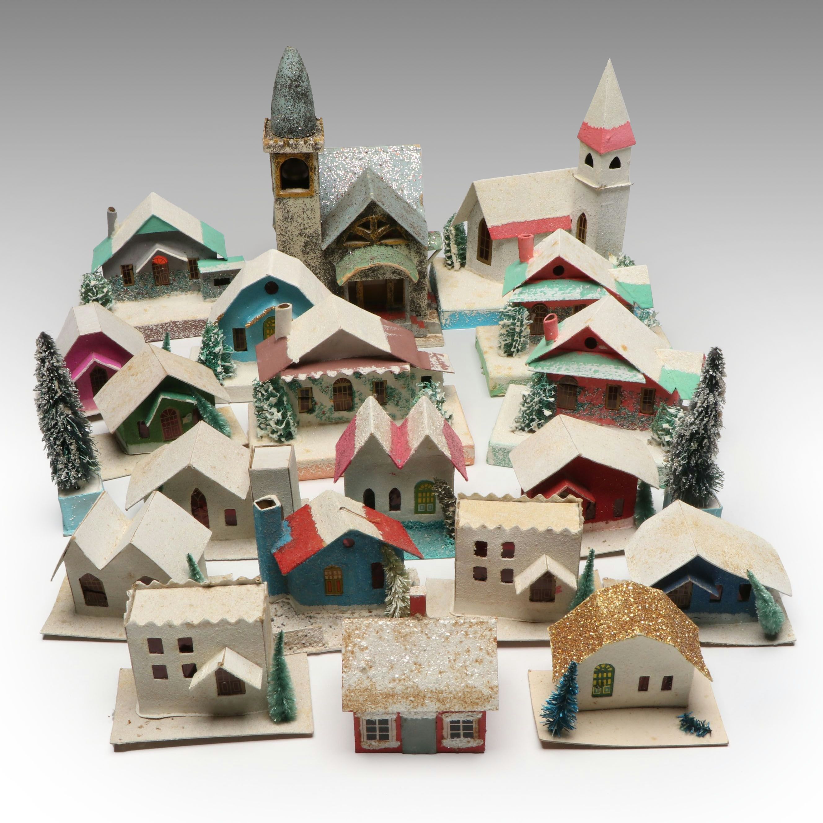 Putz Village with Churches, Houses and Trees, Vintage