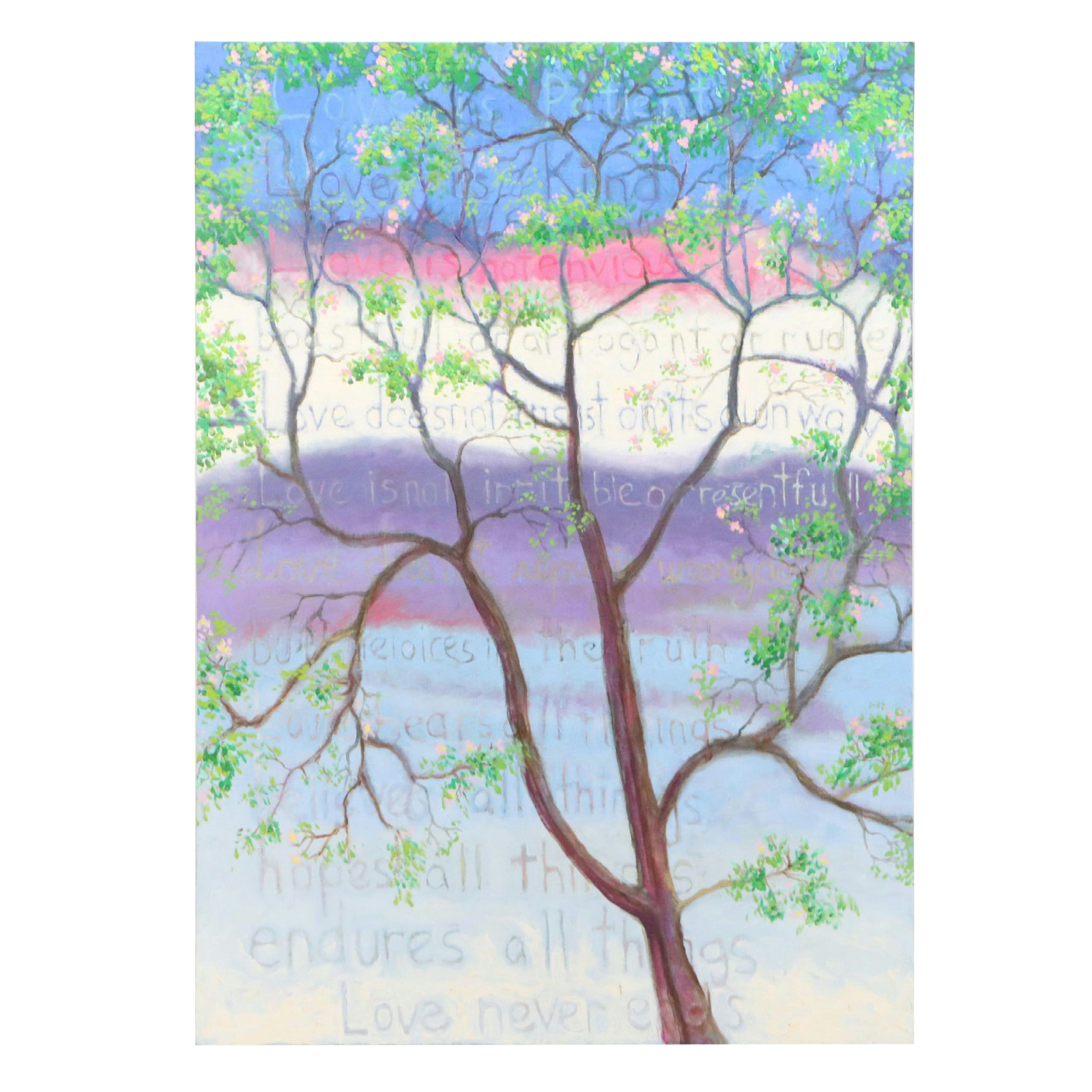 Stylized Acrylic Painting of Tree with Poem, 21st Century