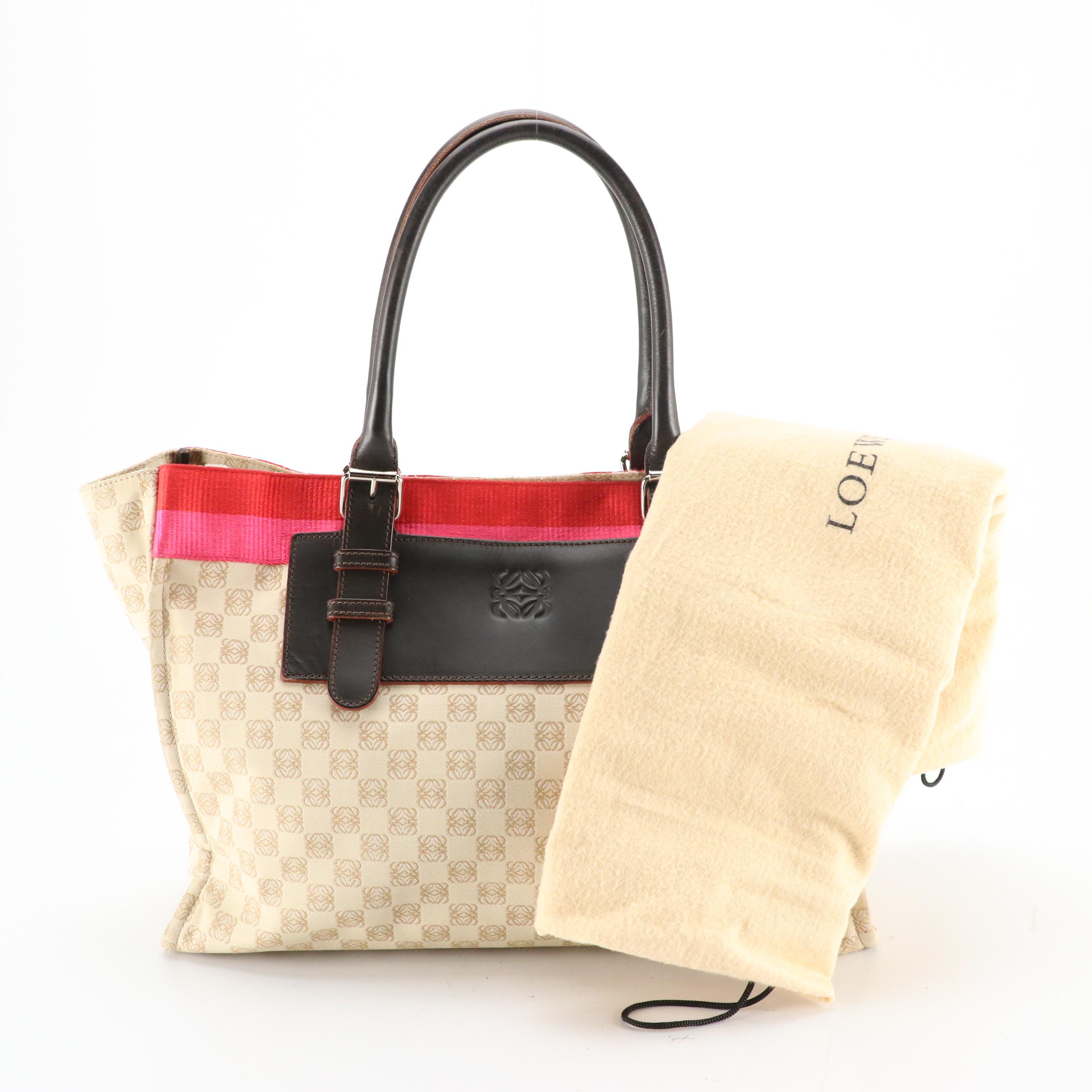 Loewe Anagram Jacquard Canvas Tote Bag with Striped Detail and Leather Trim