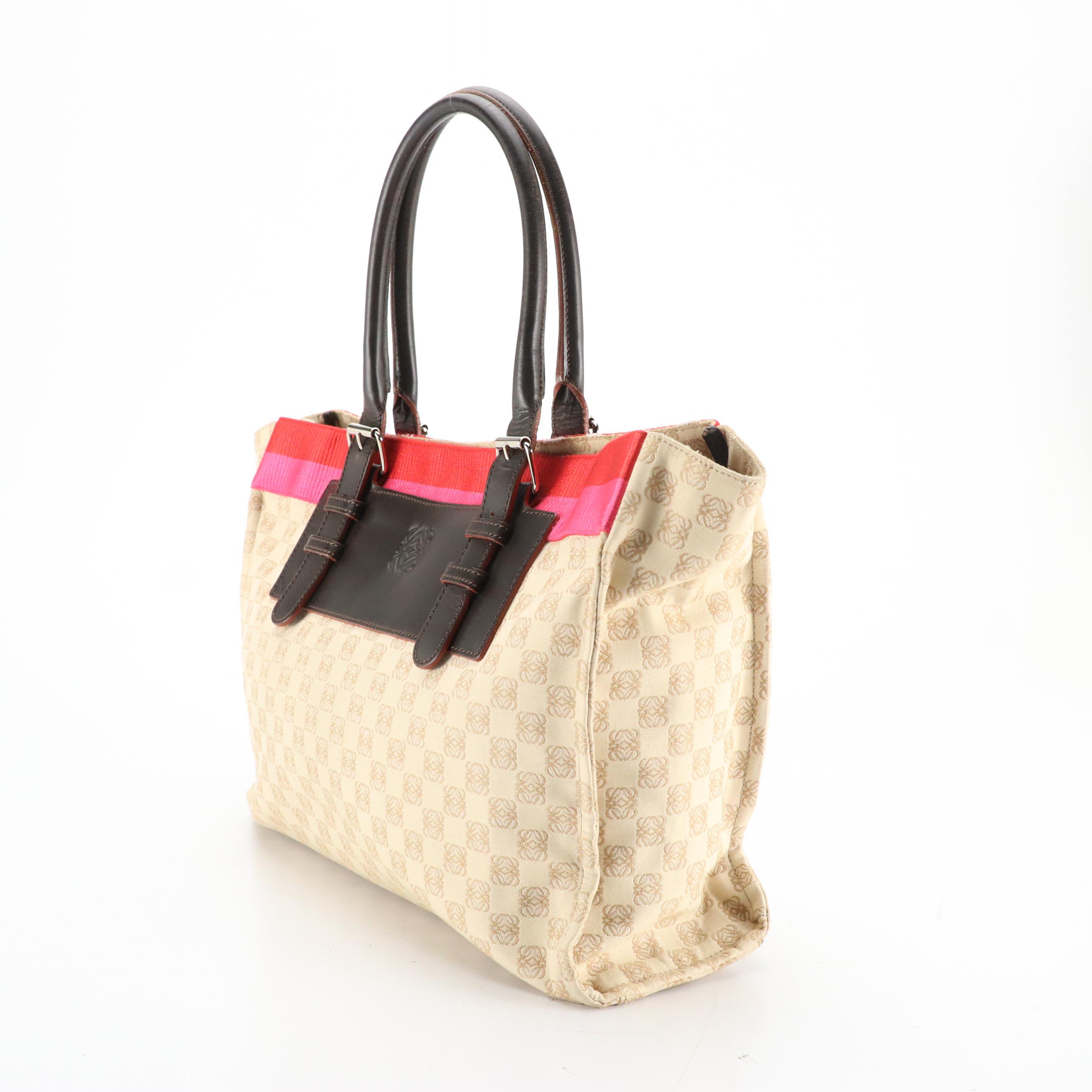 Loewe Anagram Jacquard Canvas Tote Bag with Striped Detail and Leather Trim
