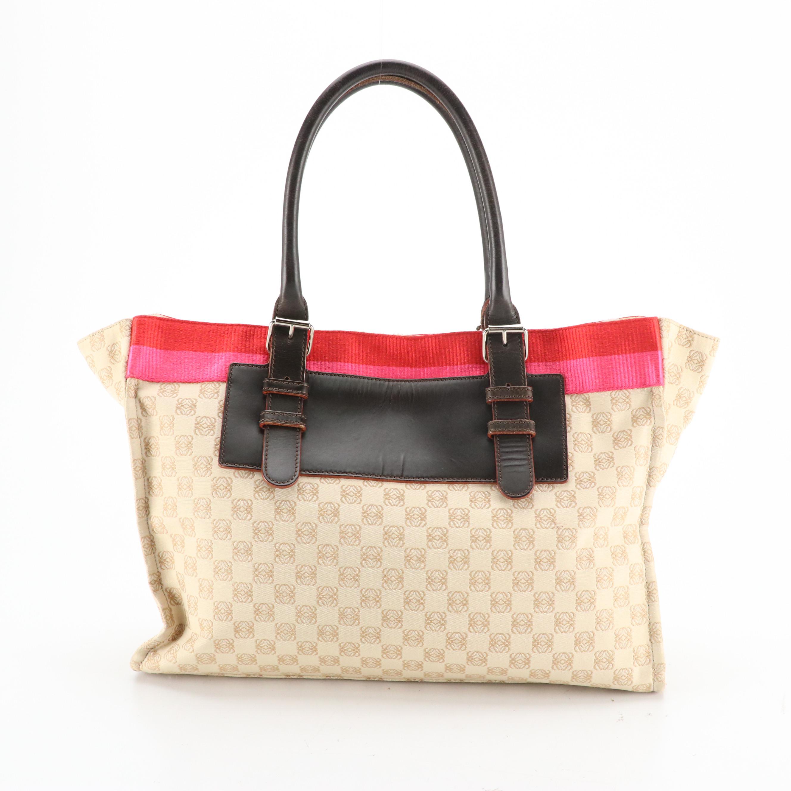 Loewe Anagram Jacquard Canvas Tote Bag with Striped Detail and Leather Trim