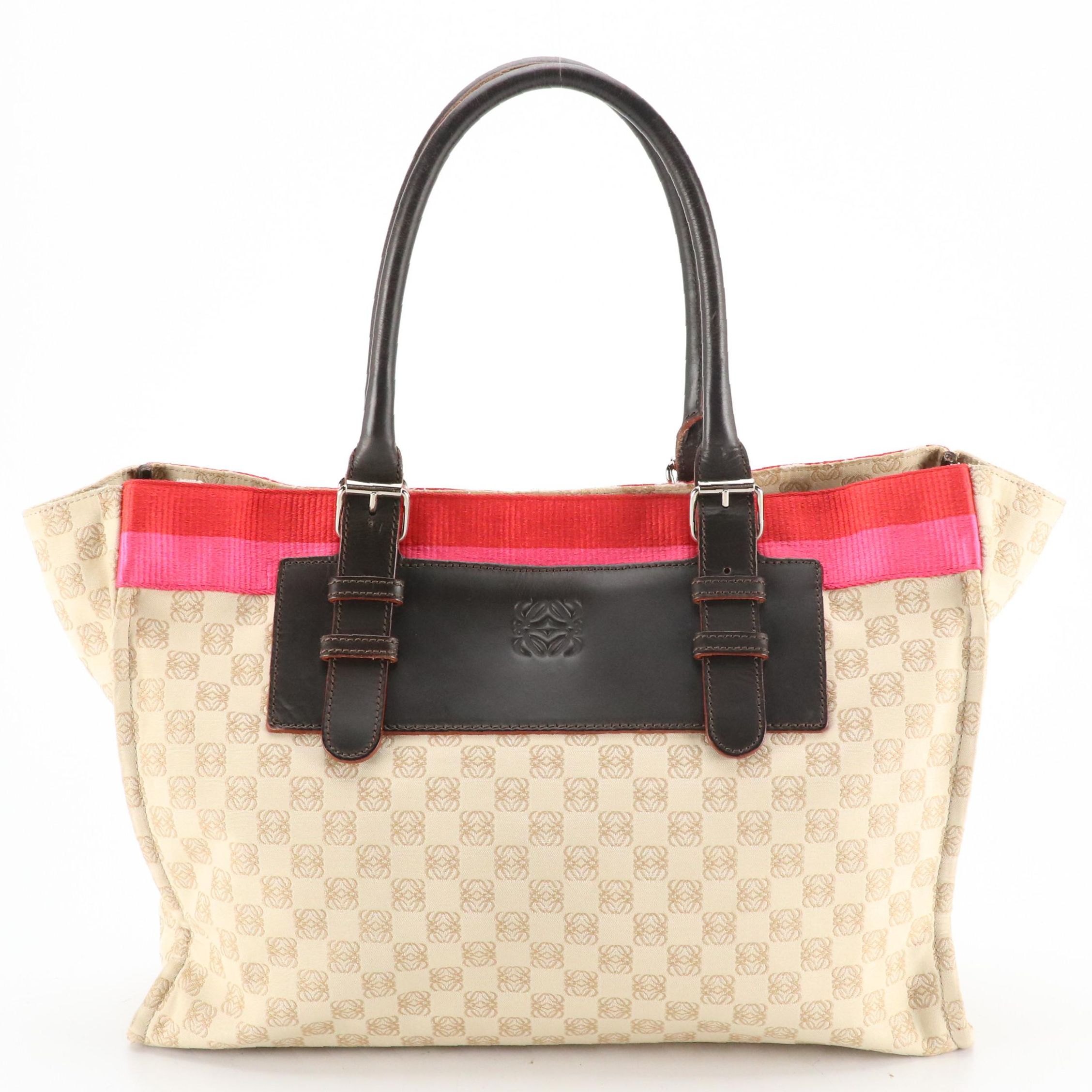 Loewe Anagram Jacquard Canvas Tote Bag with Striped Detail and Leather Trim