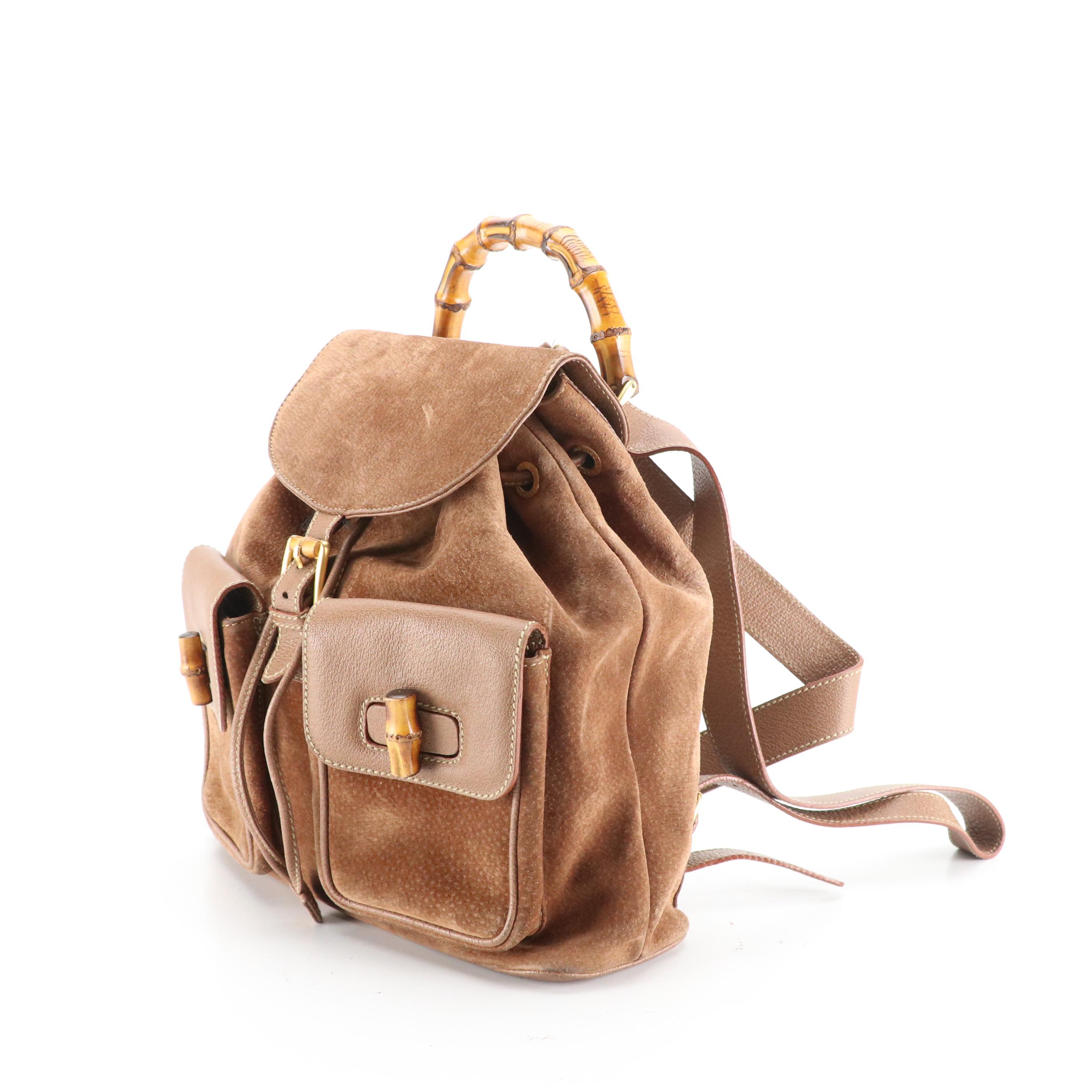 Gucci Bamboo Handle Double Pocket Backpack in Brown Suede and Leather