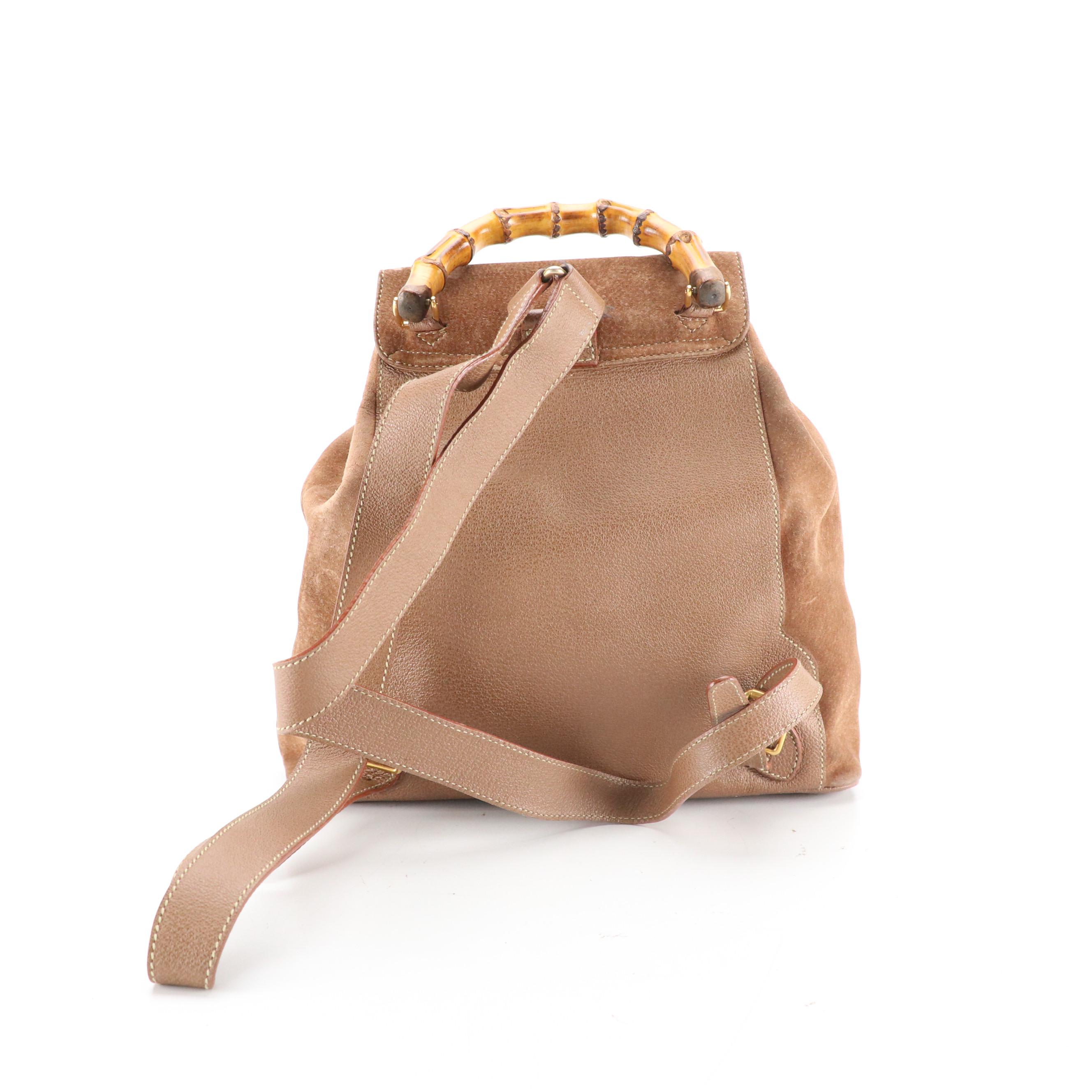 Gucci Bamboo Handle Double Pocket Backpack in Brown Suede and Leather