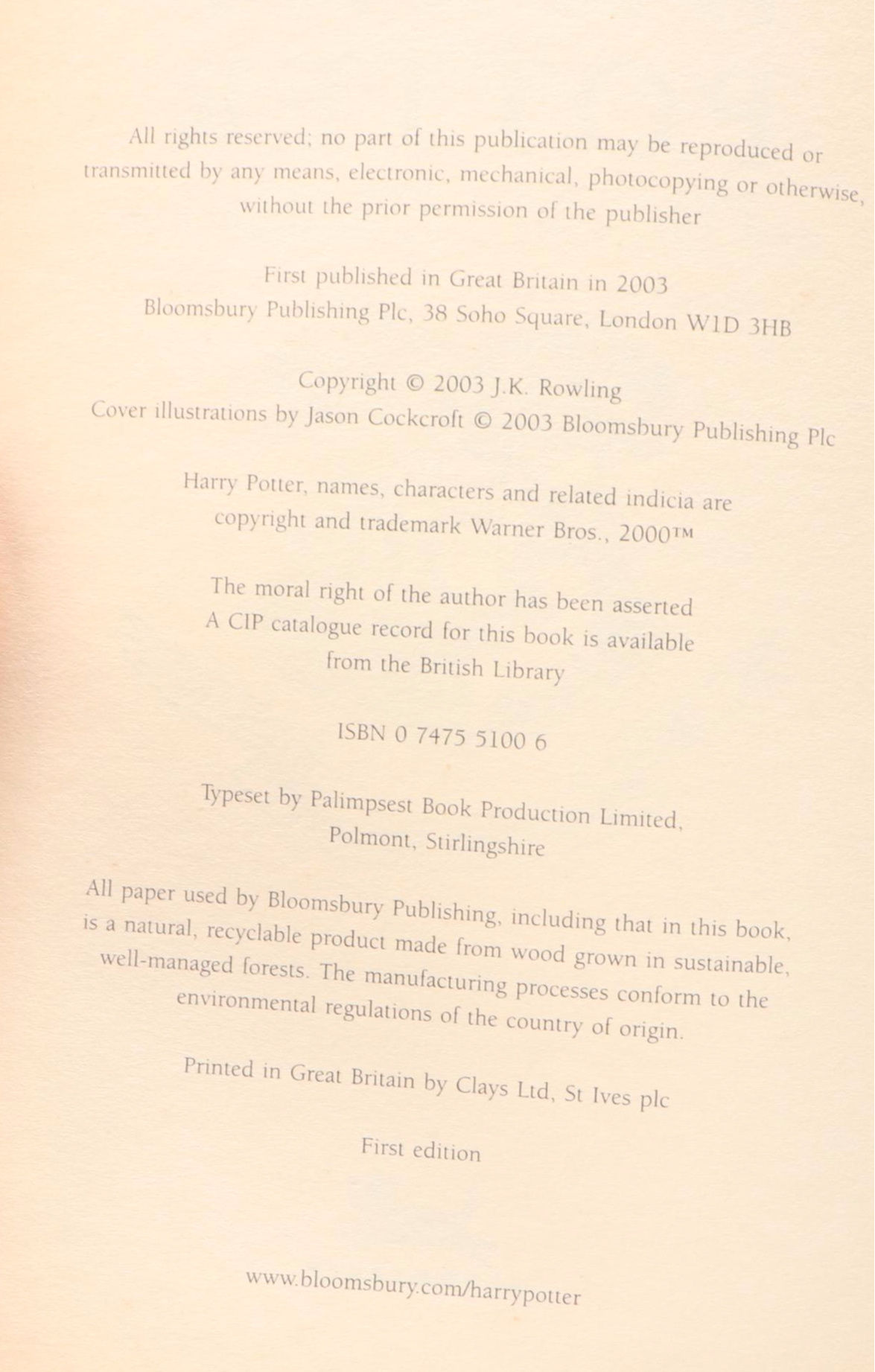 First UK Edition "Harry Potter and the Order of the Phoenix" by J. K. Rowling