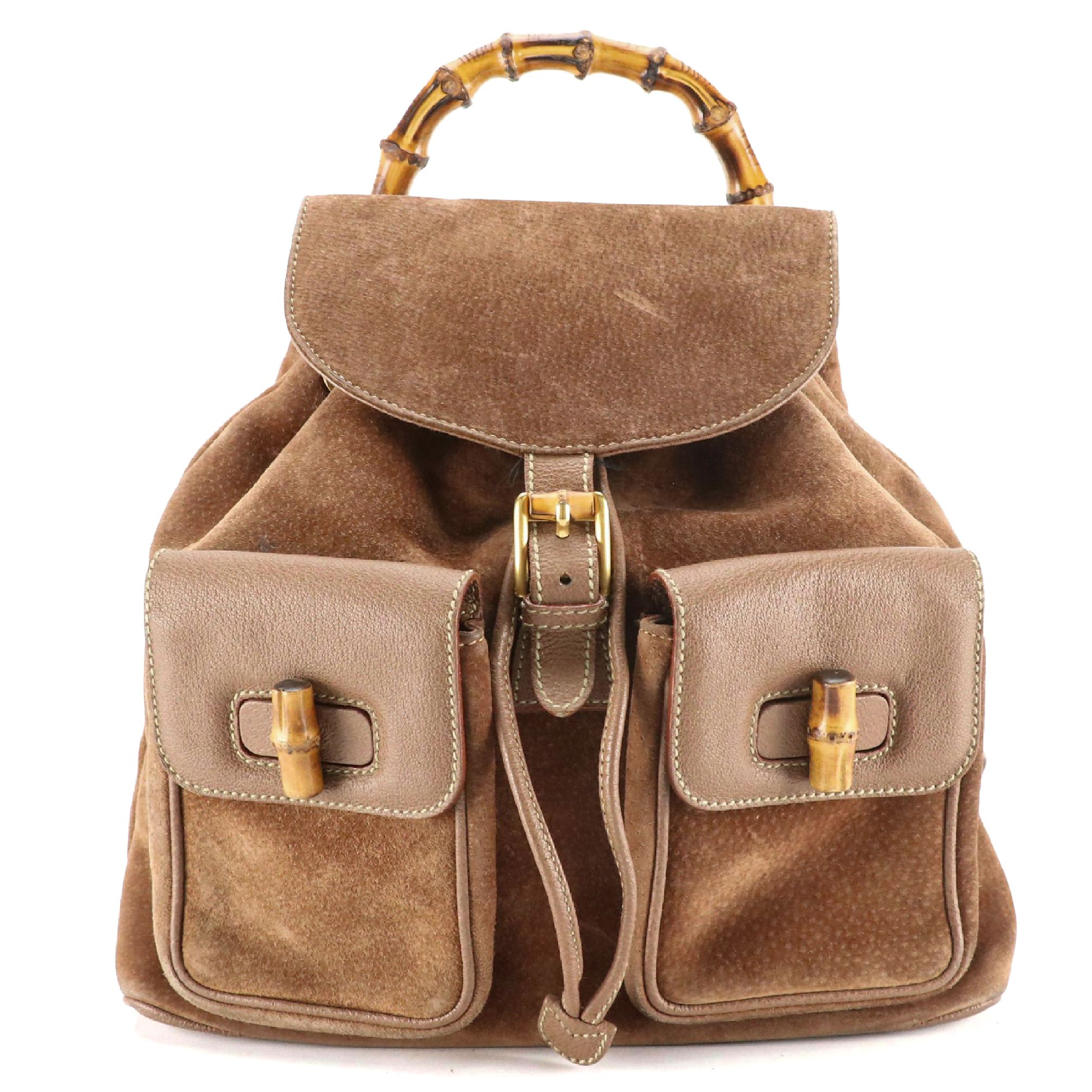 Gucci Bamboo Handle Double Pocket Backpack in Brown Suede and Leather