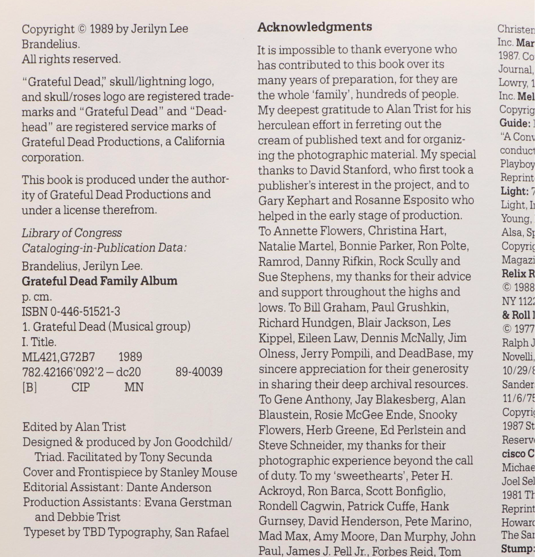 First Printing "Grateful Dead Family Album" by Jerilyn Lee Brandelius, 1989