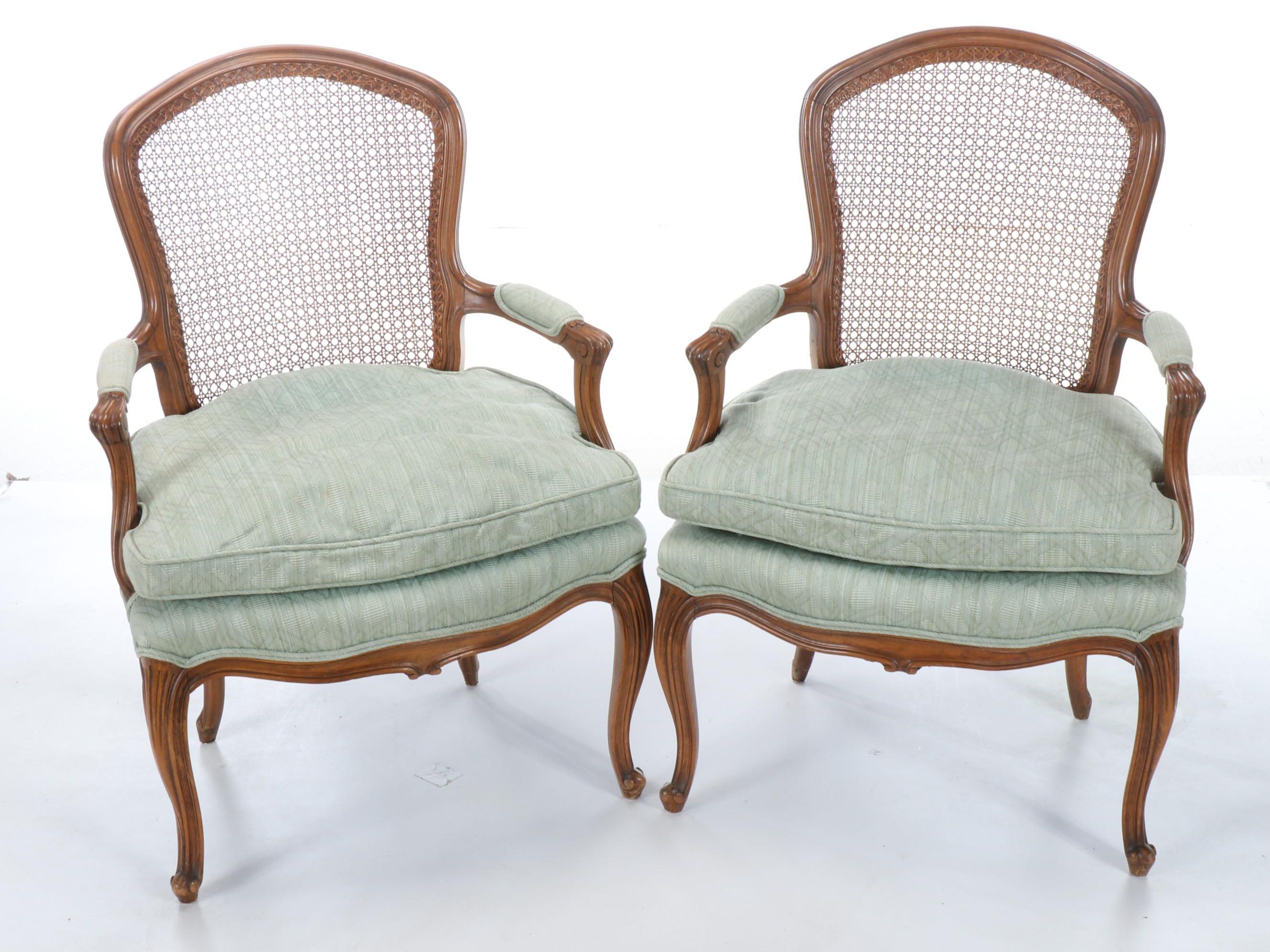 Pair of Louis XV Style Cane Back Beech Armchairs, 20th Century