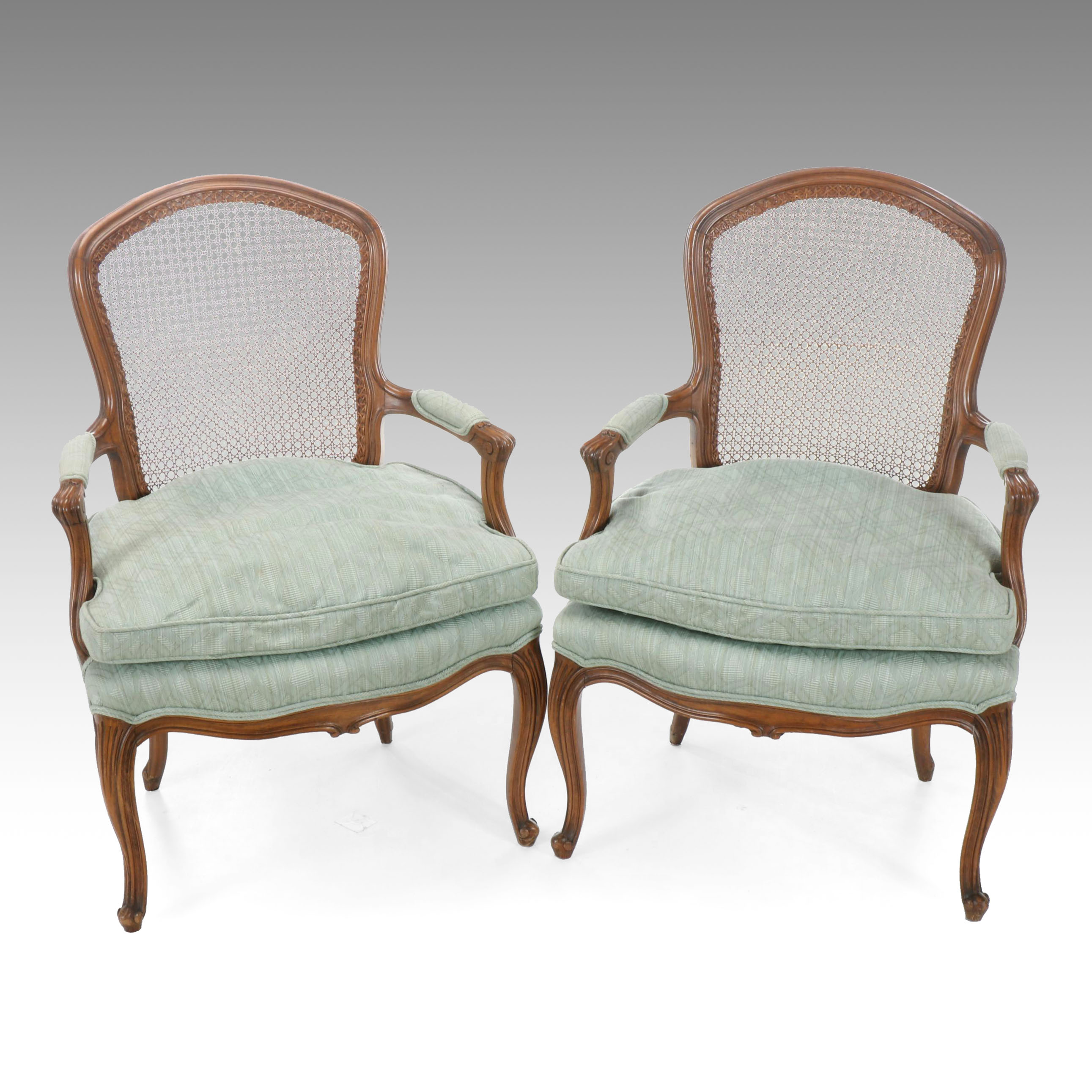 Pair of Louis XV Style Cane Back Beech Armchairs, 20th Century