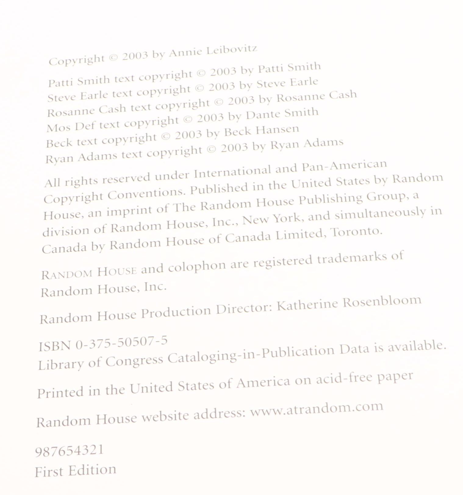 First Printing "American Music" by Annie Leibovitz, 2003