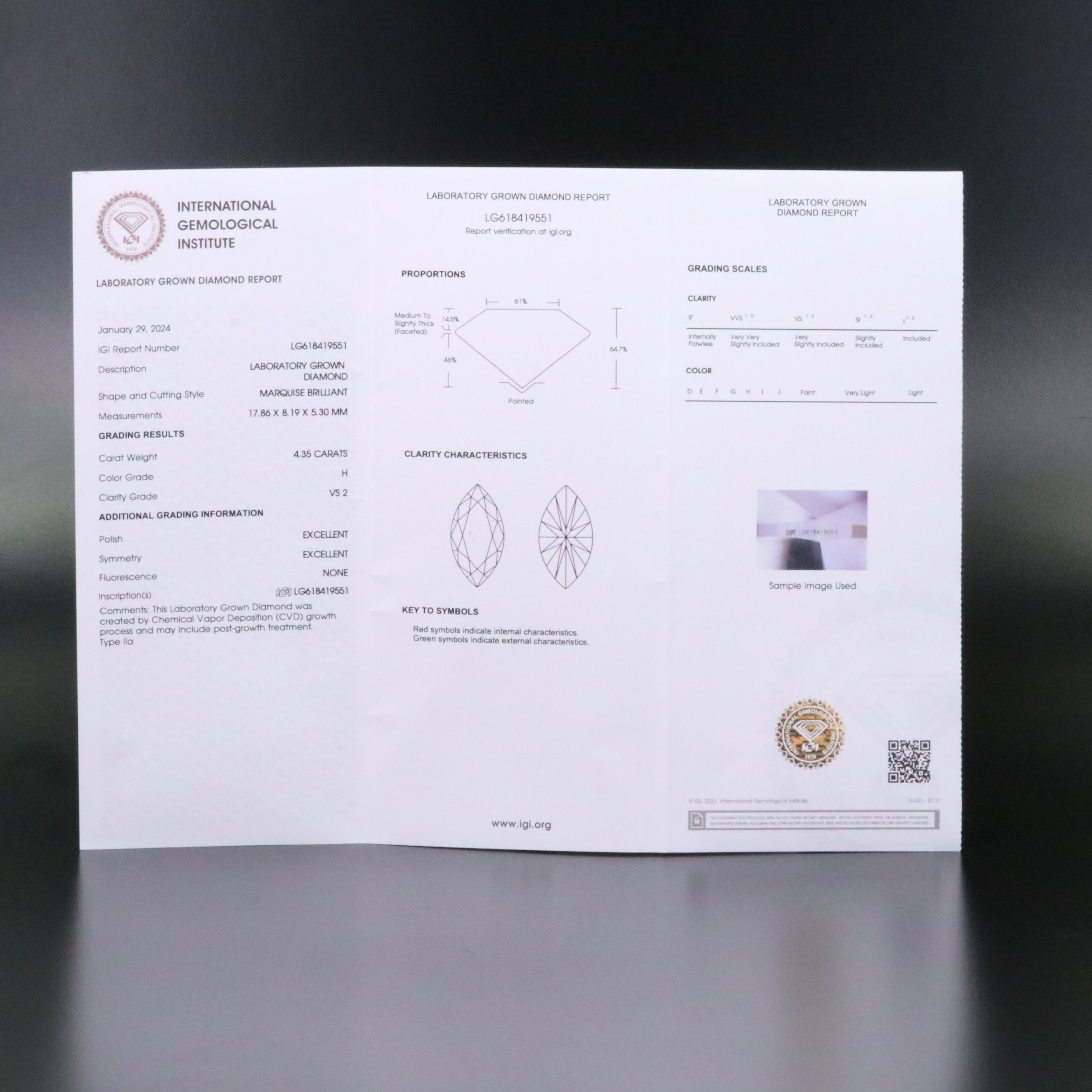 Loose 4.35 CT Lab Grown Diamond with IGI Report