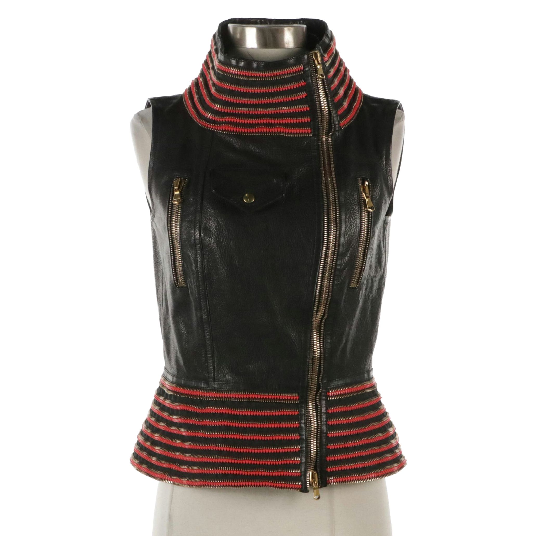 Alexander McQueen Zipper Embellished Black Leather Peplum Biker Vest