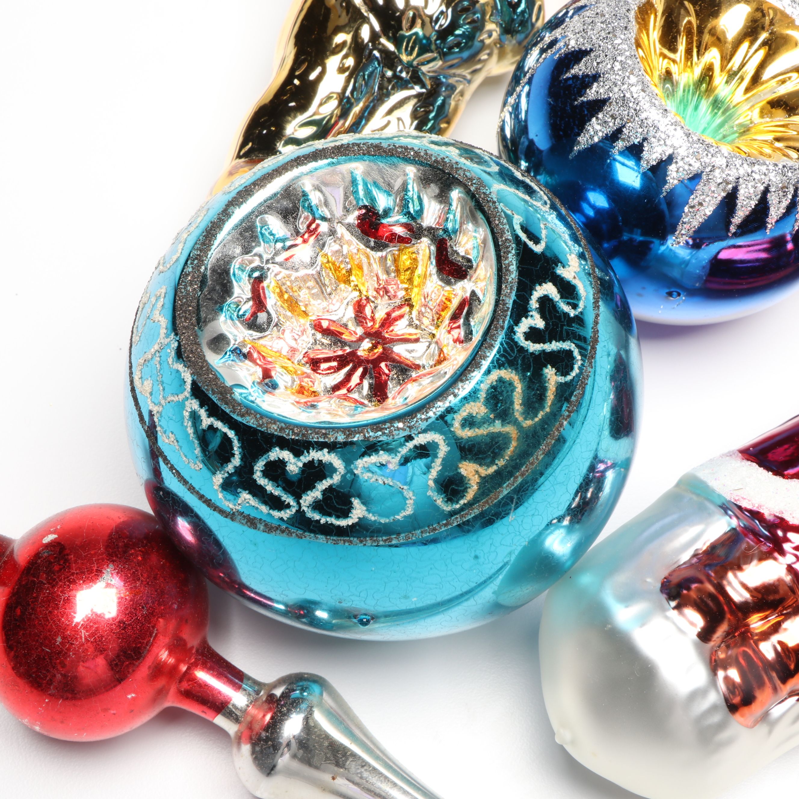 Santa Claus and Other Figural Ornaments with Glittered Baubles