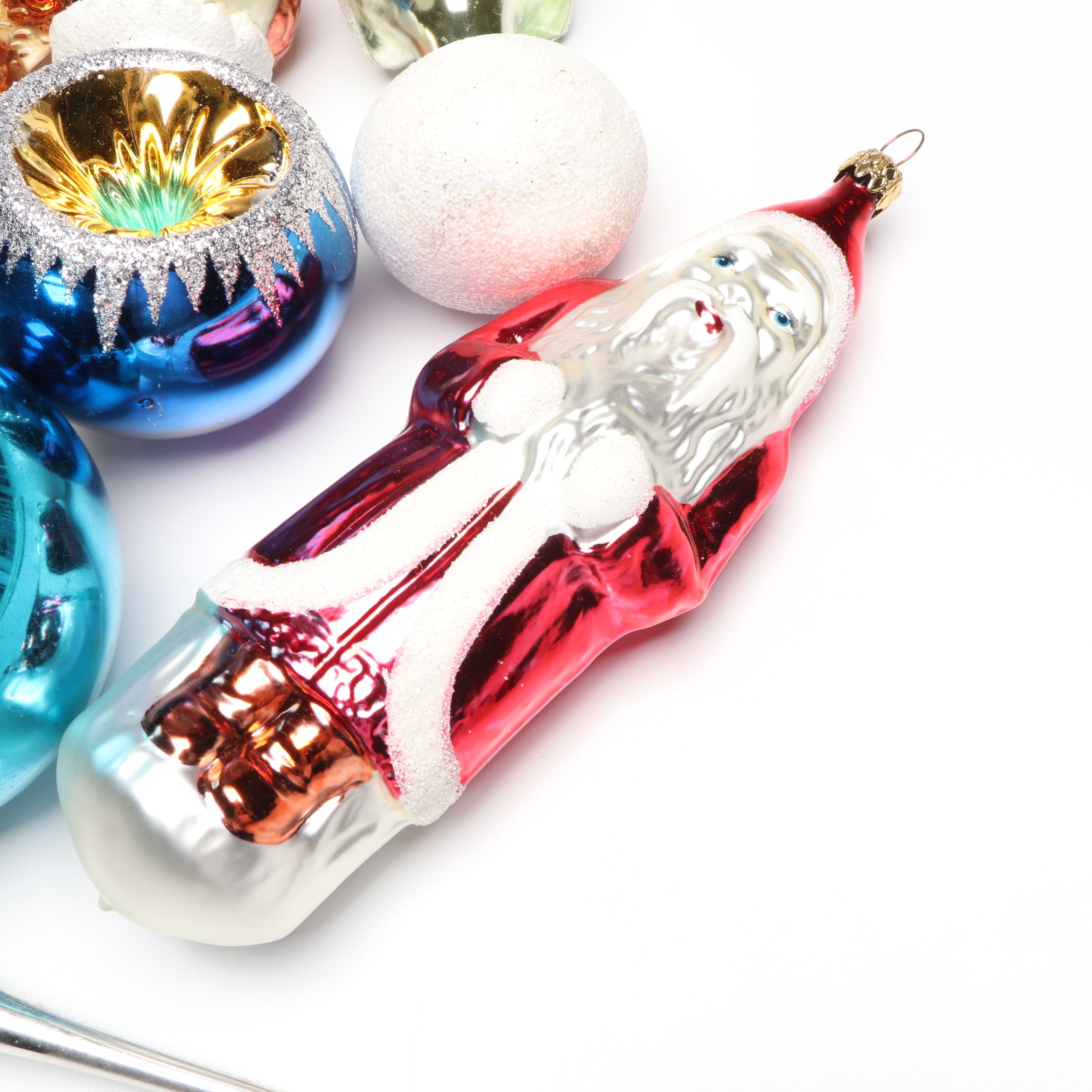 Santa Claus and Other Figural Ornaments with Glittered Baubles