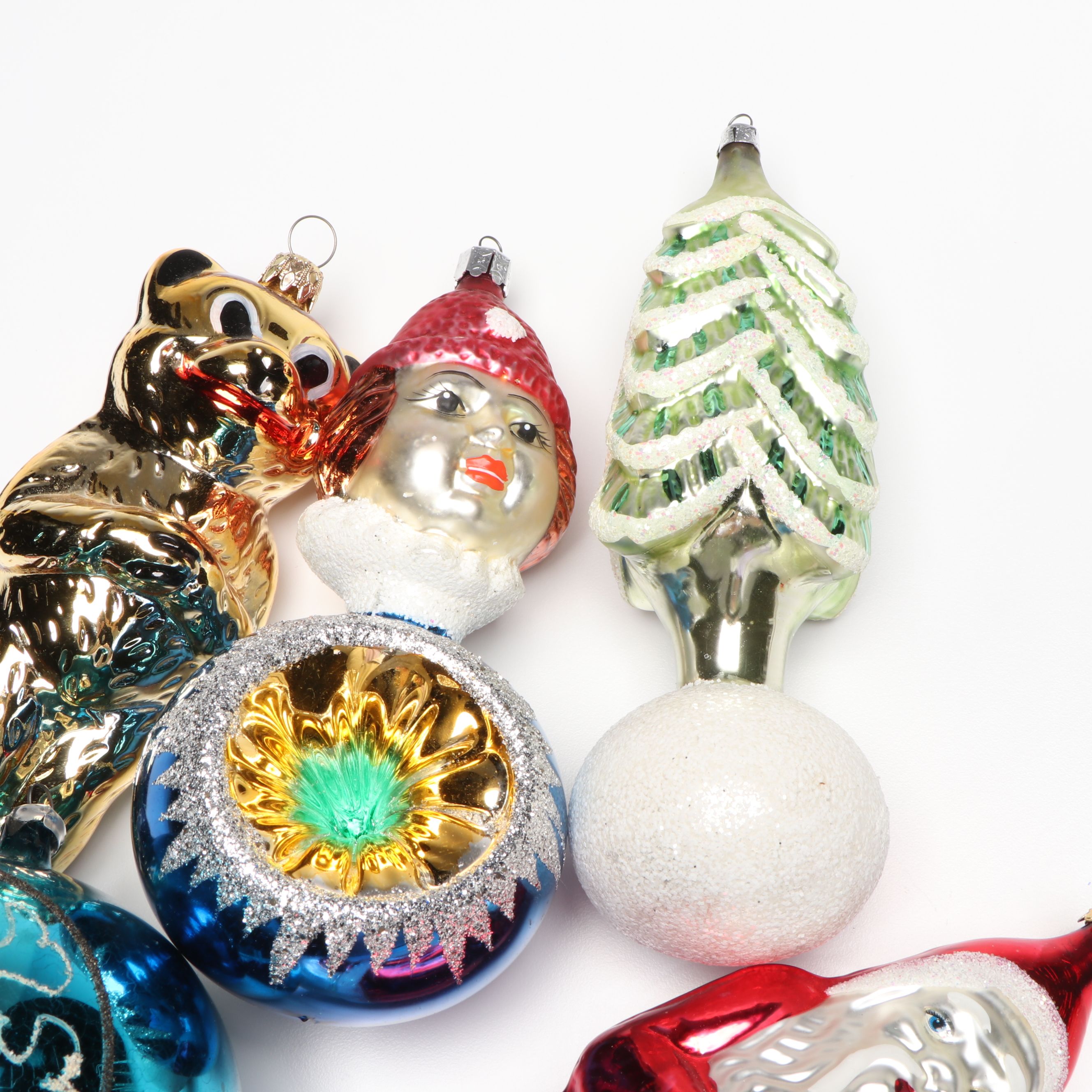 Santa Claus and Other Figural Ornaments with Glittered Baubles