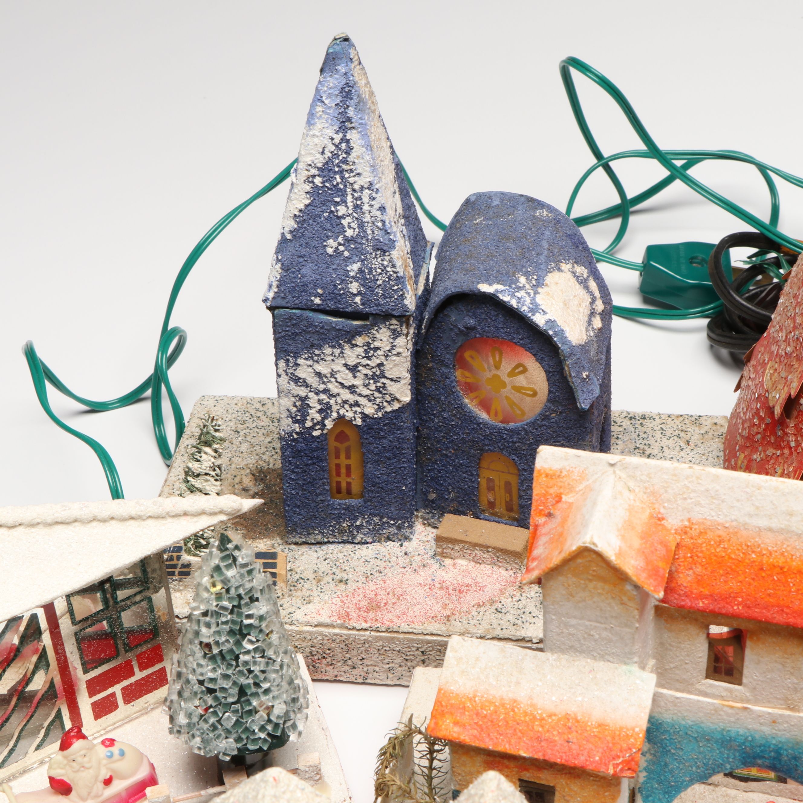 Twinkle-Lite Electric Christmas Scene with Putz Village and Paper Tree Light