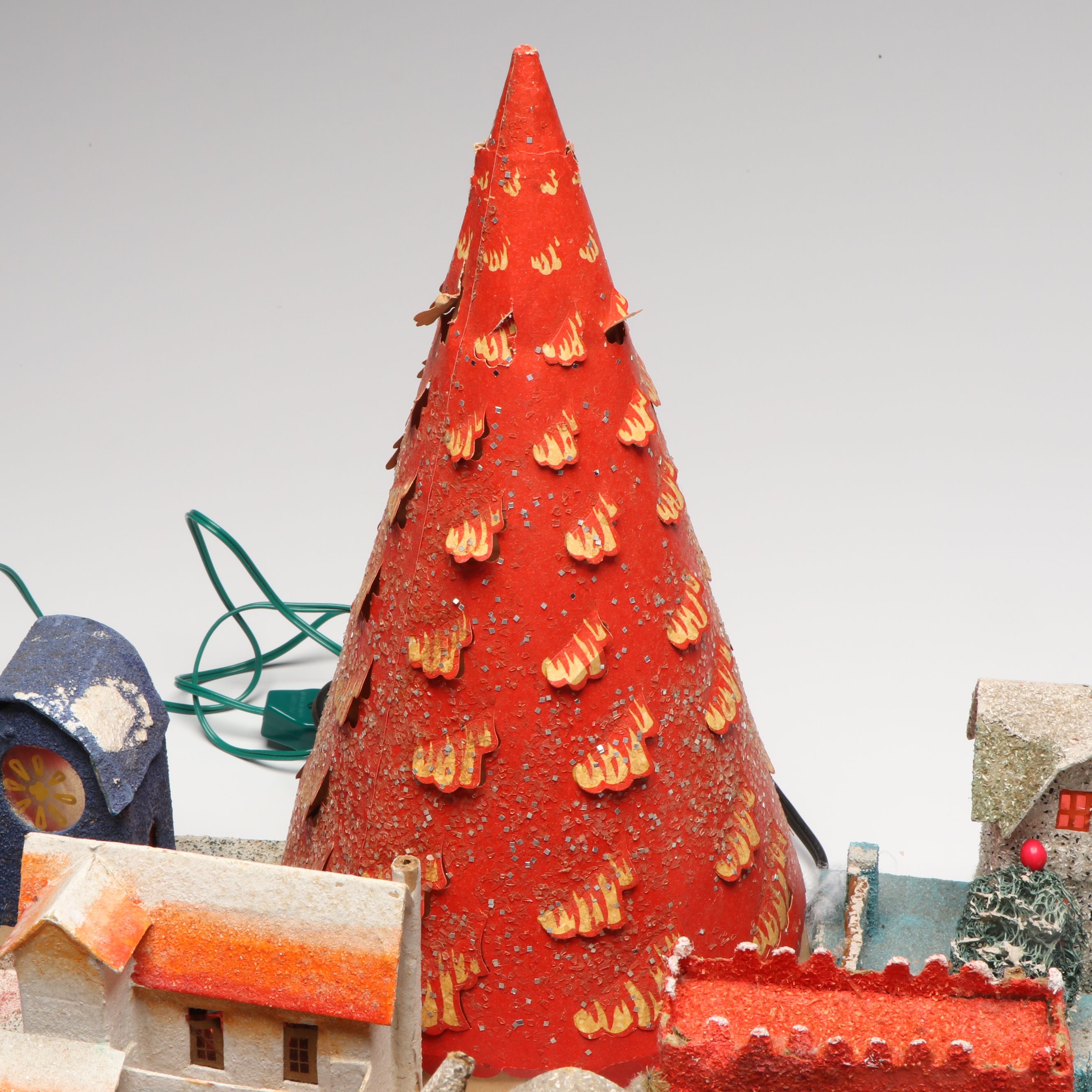 Twinkle-Lite Electric Christmas Scene with Putz Village and Paper Tree Light