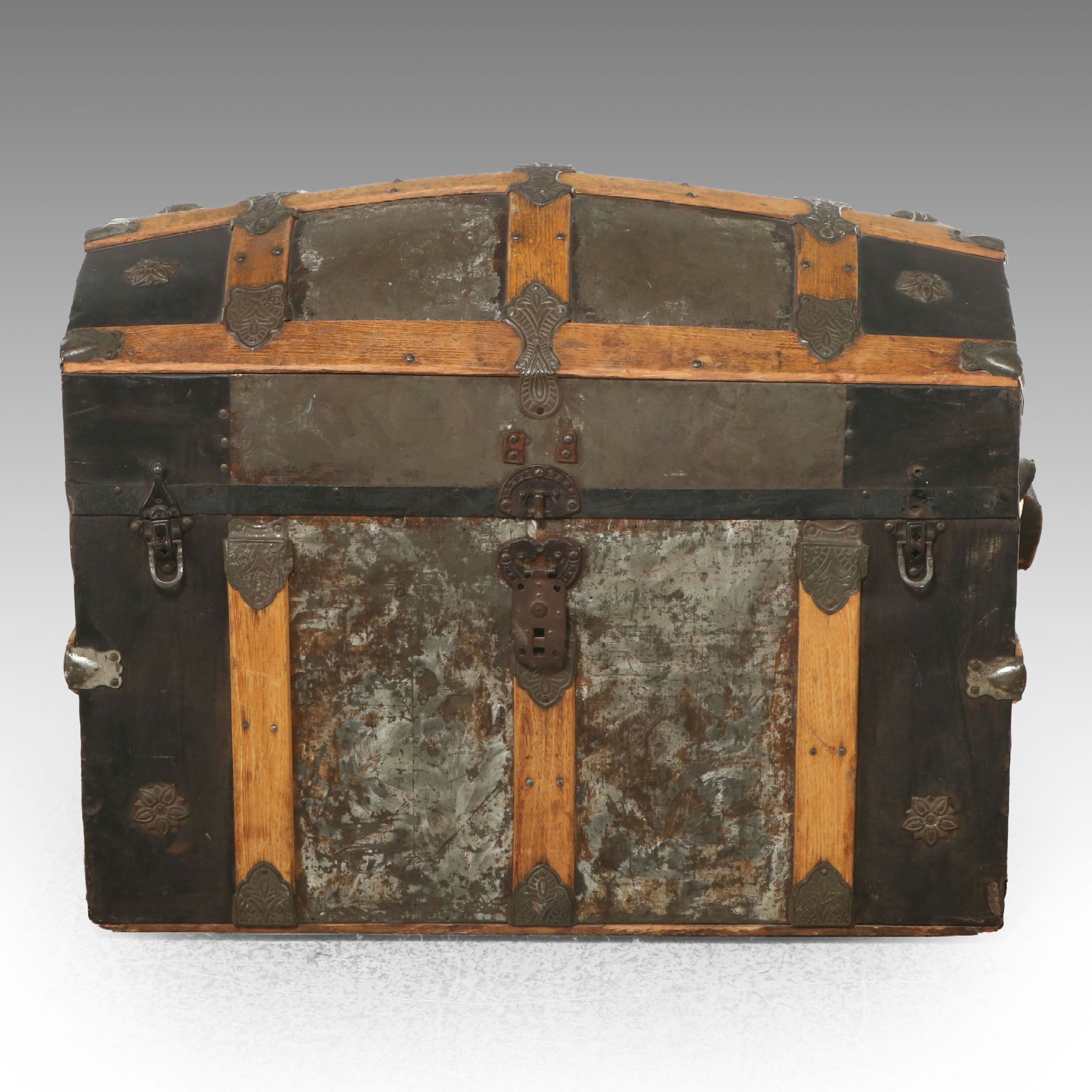 Victorian Metal and Wood Bound Dome Top Trunk