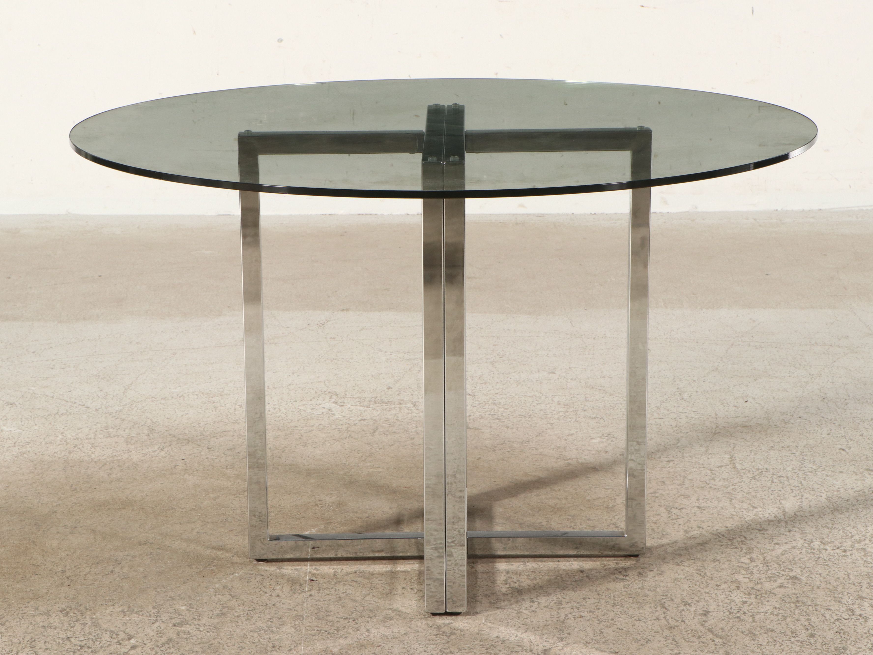 Seven-Piece Modern Dining Set with Chrome and Smoke Glass Pedestal Table