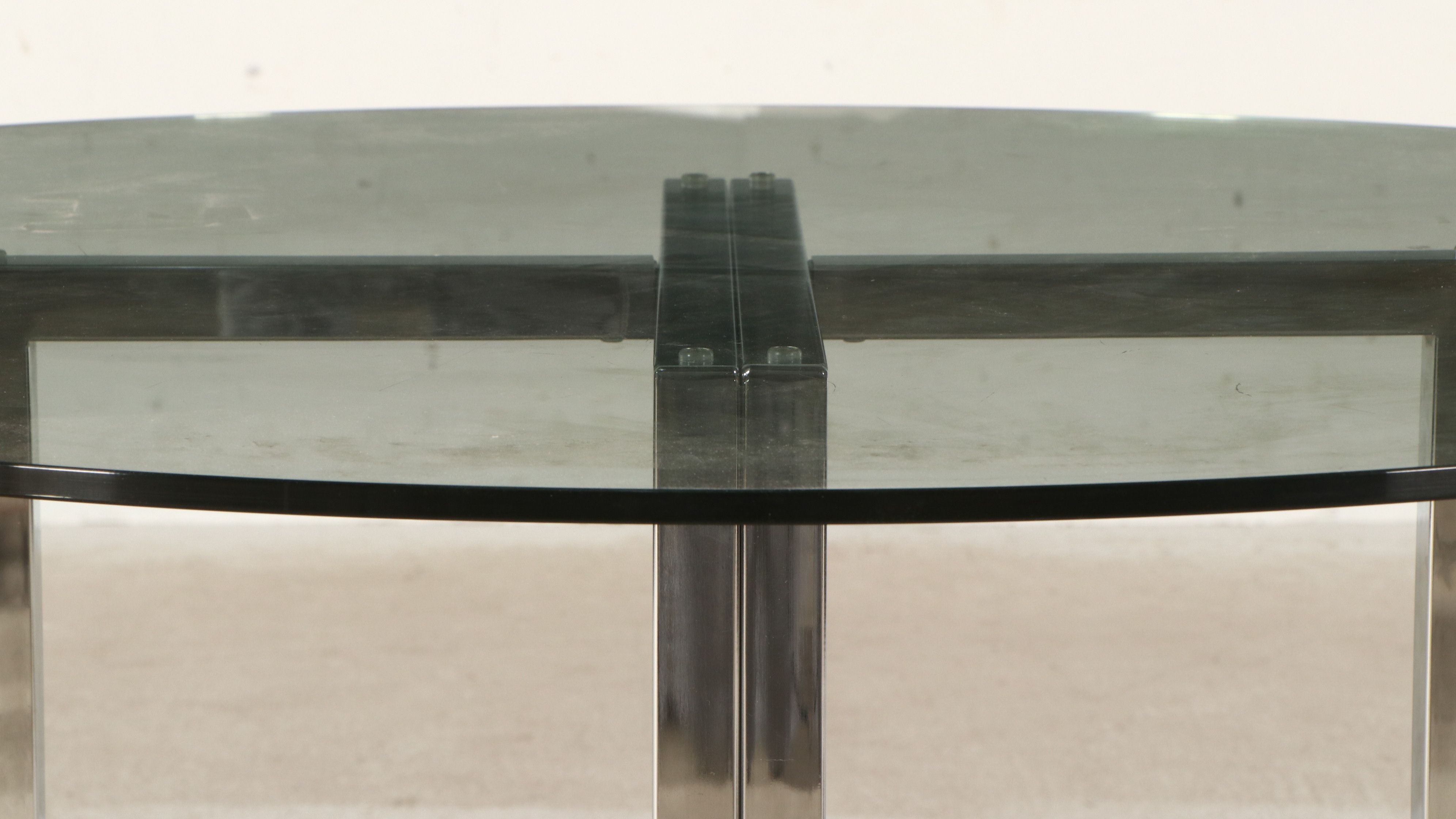 Seven-Piece Modern Dining Set with Chrome and Smoke Glass Pedestal Table