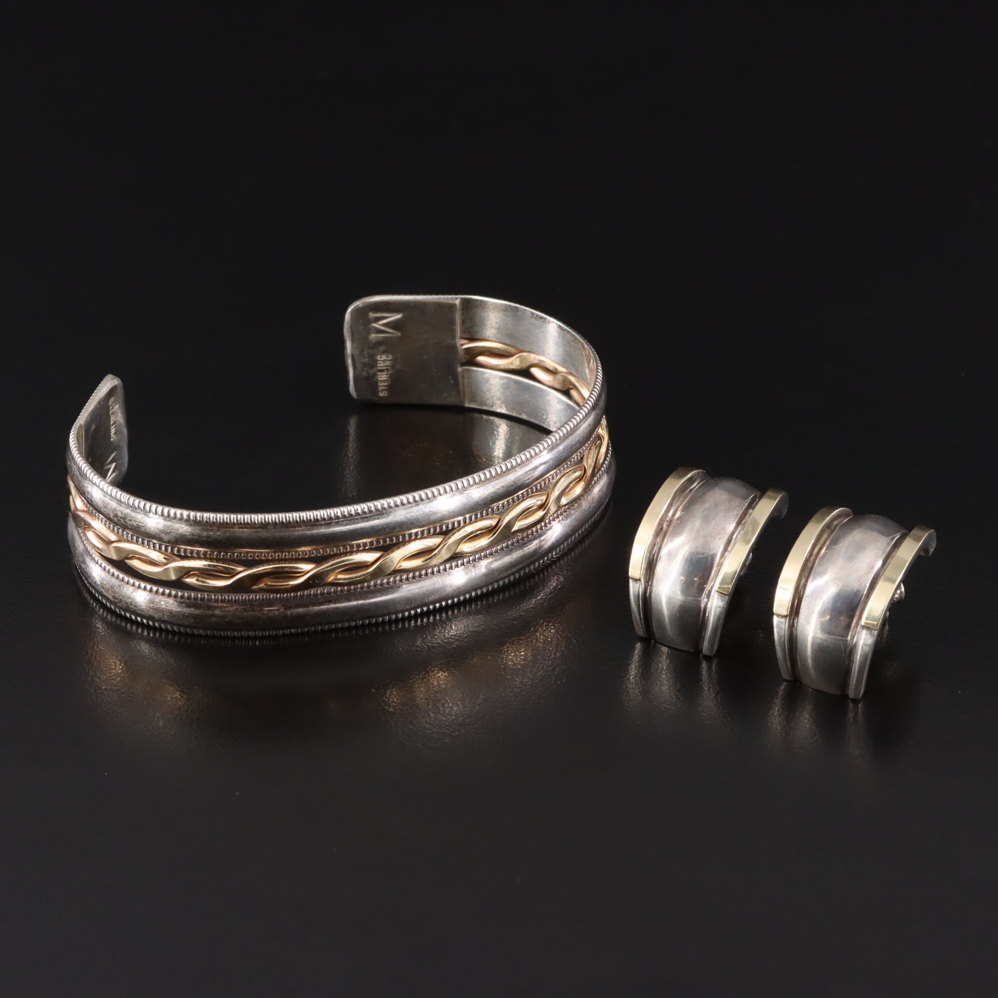 Sterling Cuff Bracelet and Earrings with Gold Tone Accents