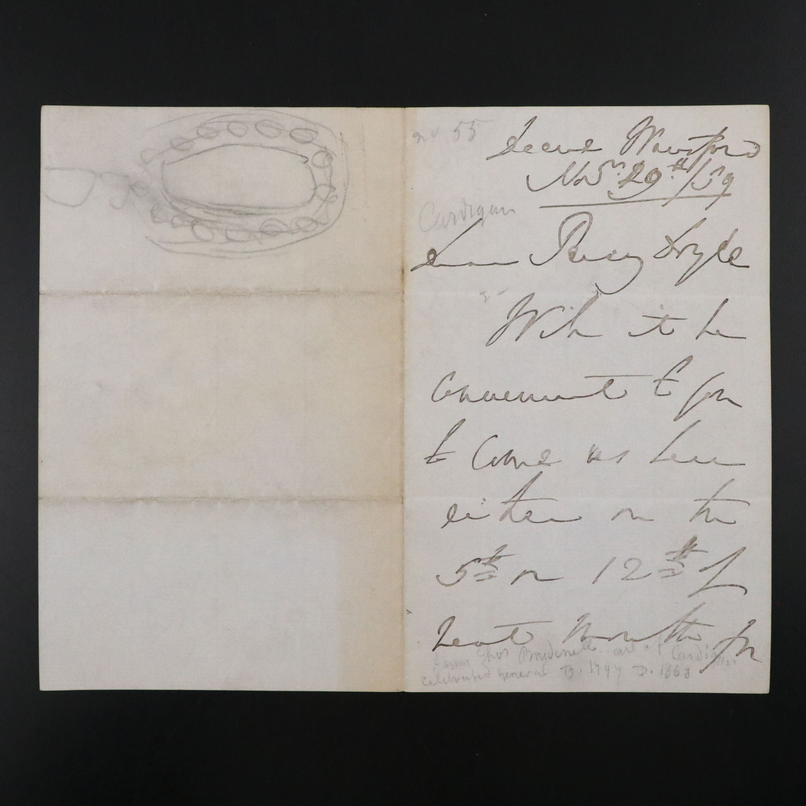 James Brudenell, 7th Earl of Cardigan Signed Note, 19th Century