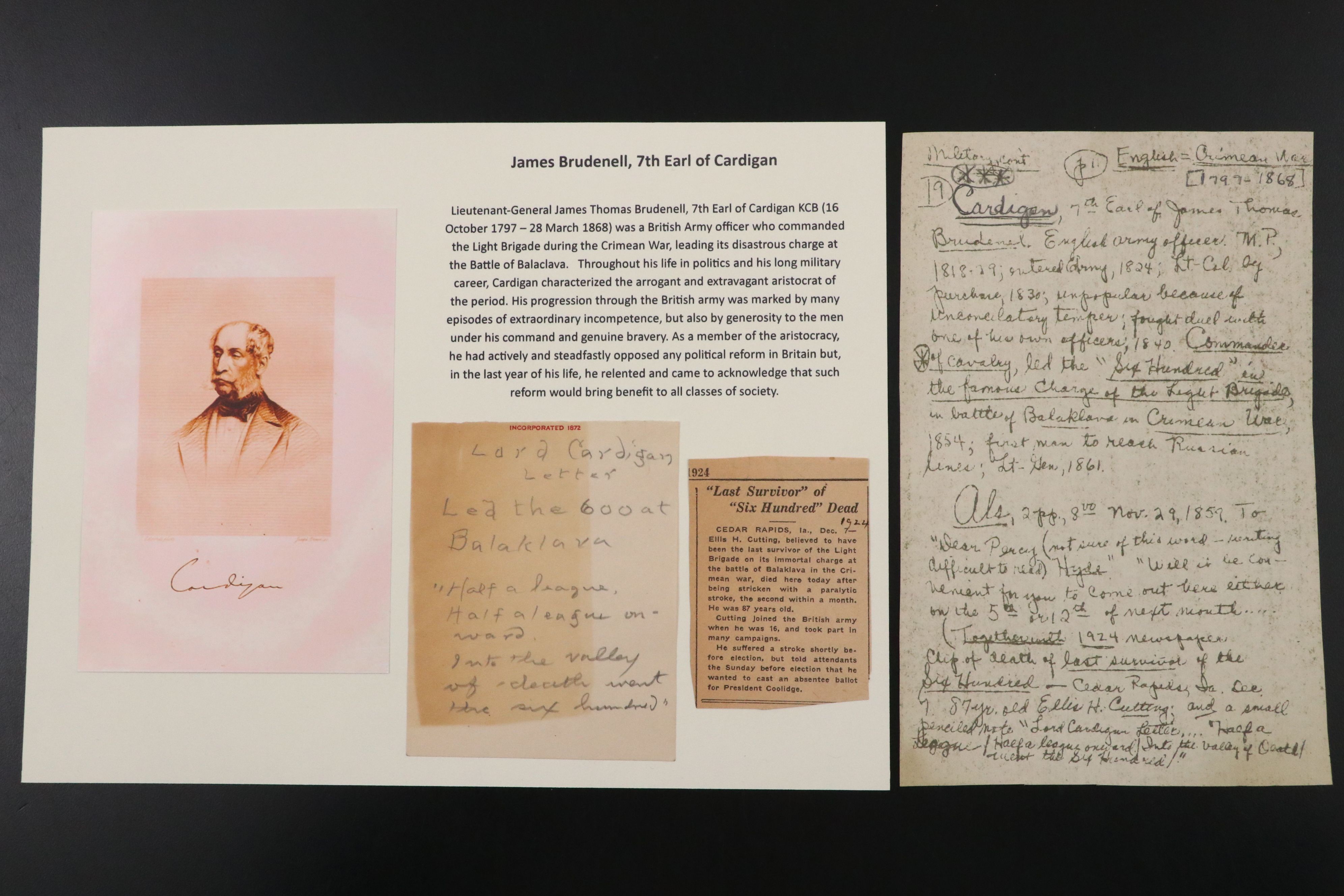 James Brudenell, 7th Earl of Cardigan Signed Note, 19th Century